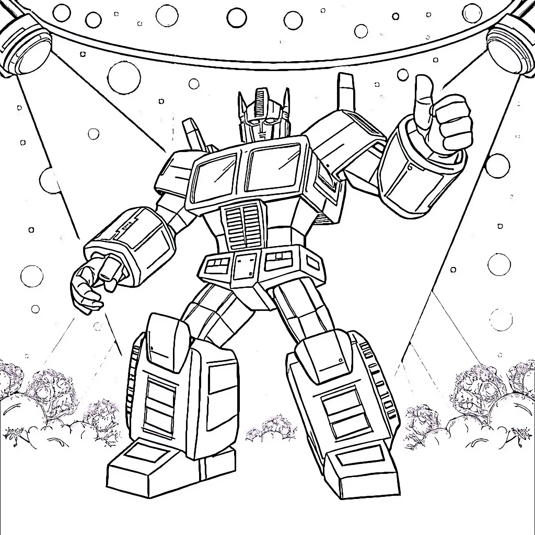 Optimus Prime in epic battle formation Coloring Page (free black-and-white line drawing printable PDF for all, from beginners to advanced learners, including children, teens, adults, and seniors)