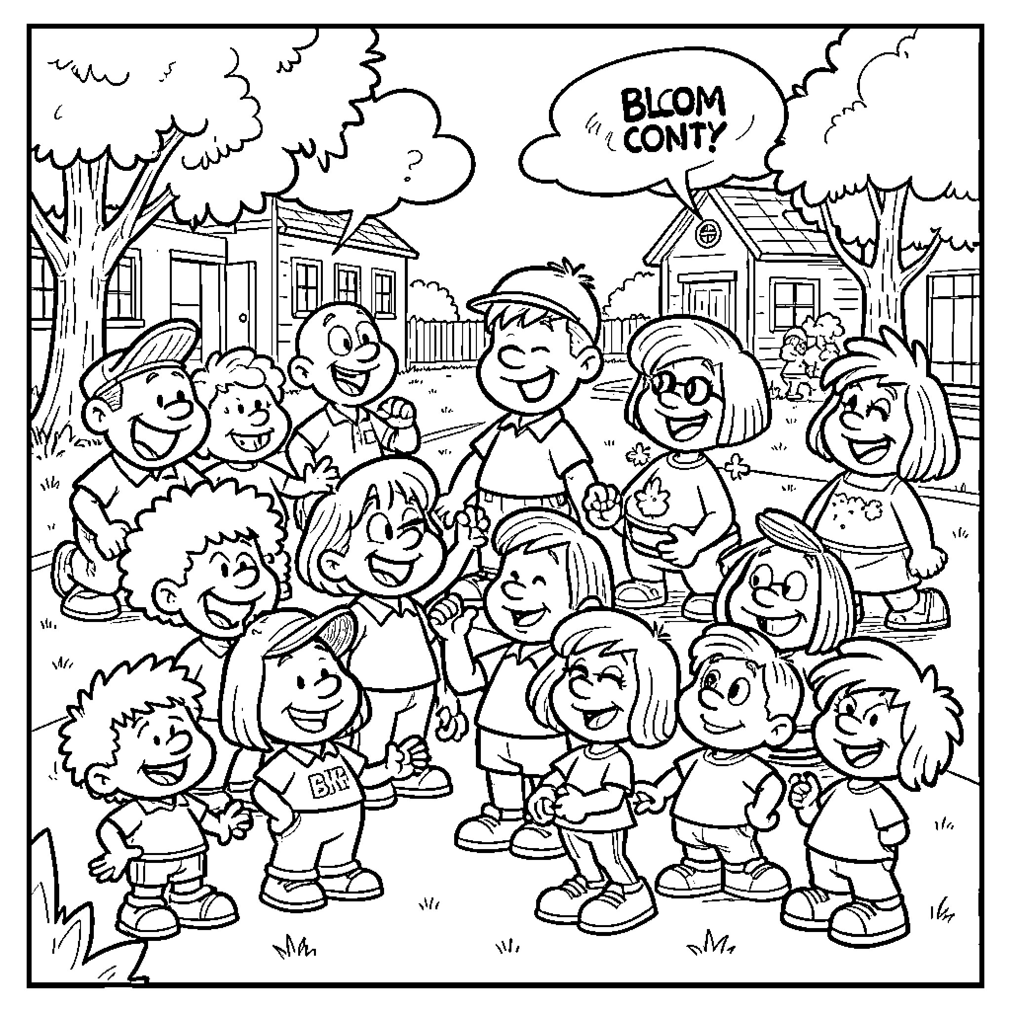 Bloom County characters smiling and gathering in a neighborhood Coloring Page (free black-and-white line drawing printable PDF for all, from beginners to advanced learners, including children, teens, adults, and seniors)