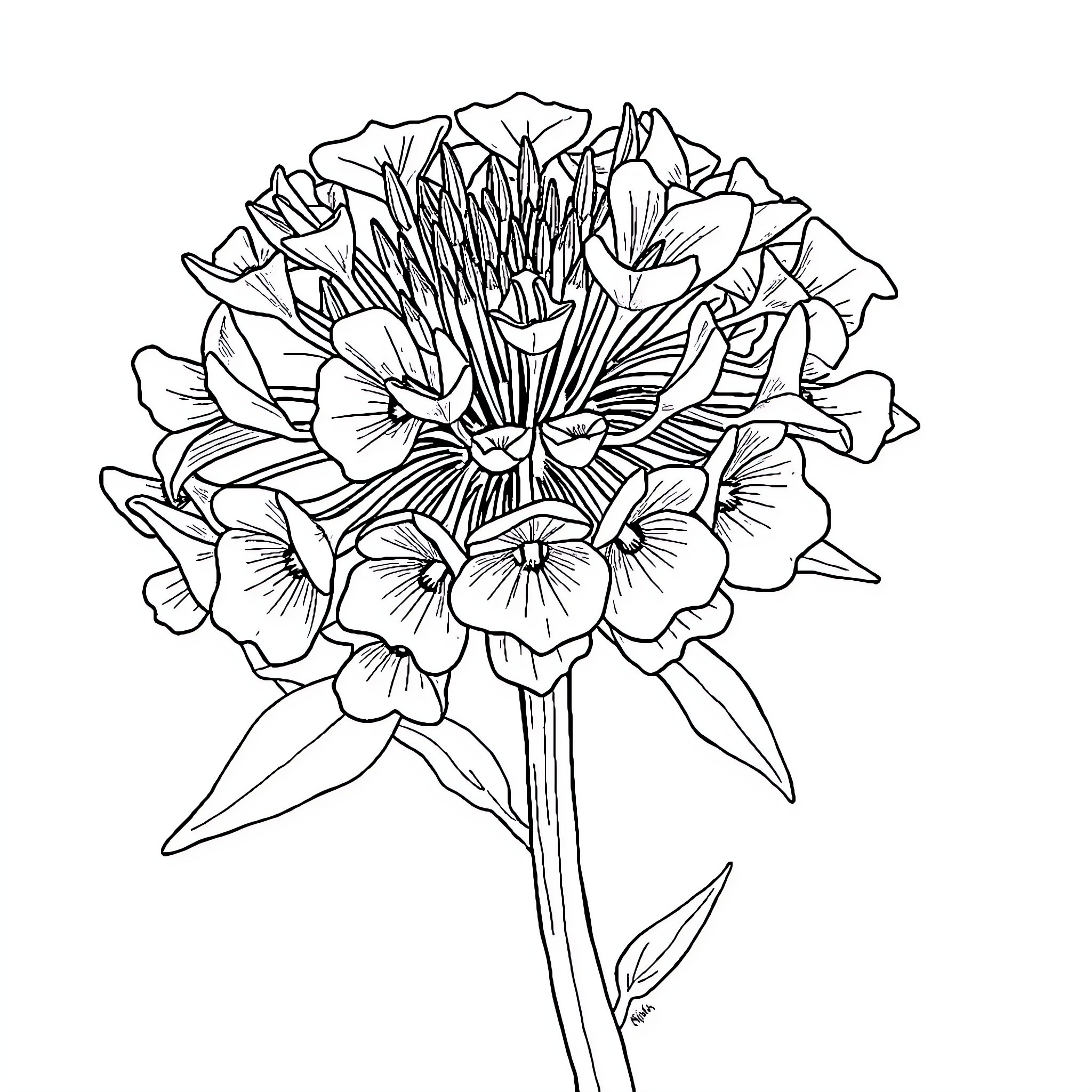 Milkweed flower blooming with intricate petals Coloring Page (free black-and-white line drawing printable PDF for all, from beginners to advanced learners, including children, teens, adults, and seniors)