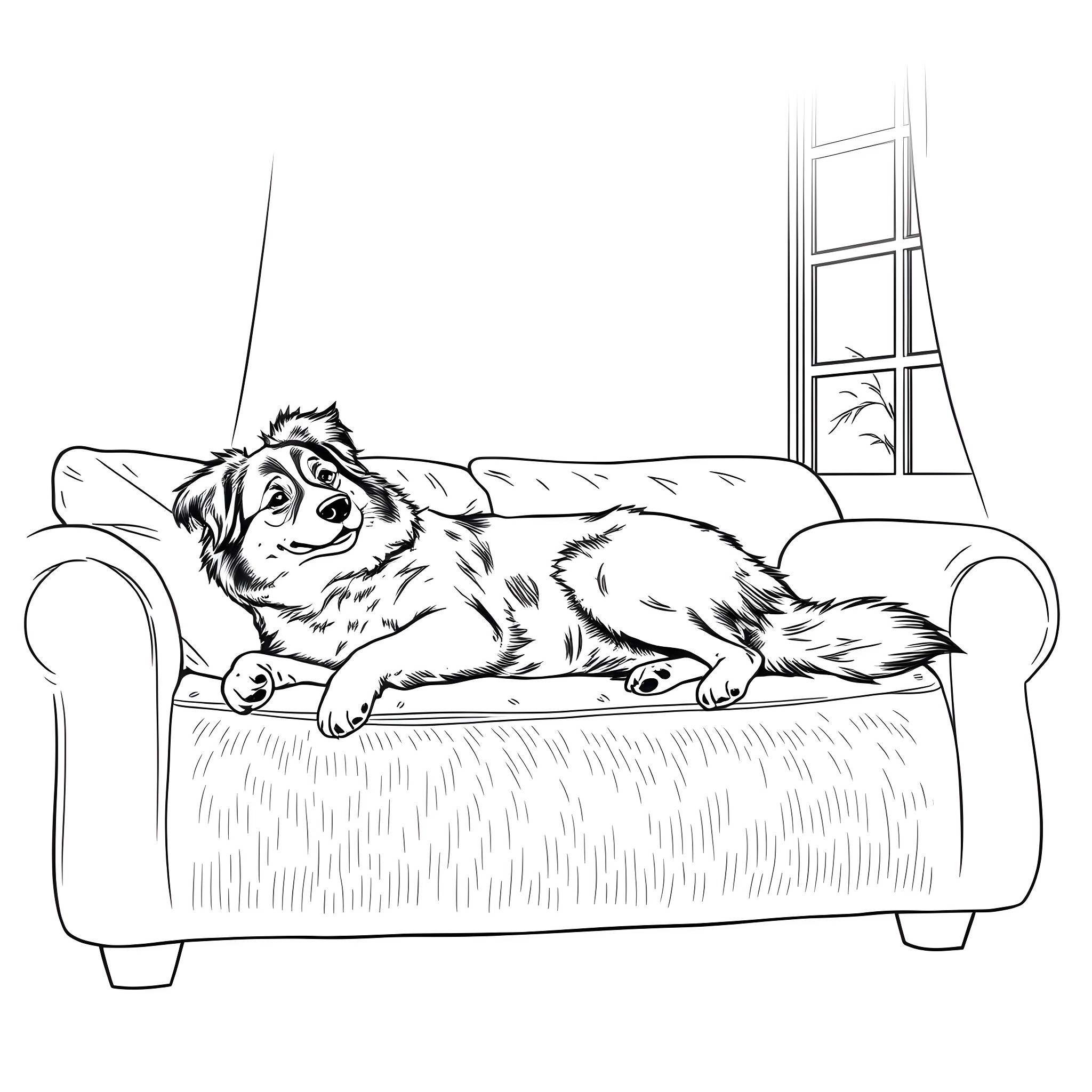 Australian Shepherd relaxing comfortably on the sofa Coloring Page (free black-and-white line drawing printable PDF for all, from beginners to advanced learners, including children, teens, adults, and seniors)