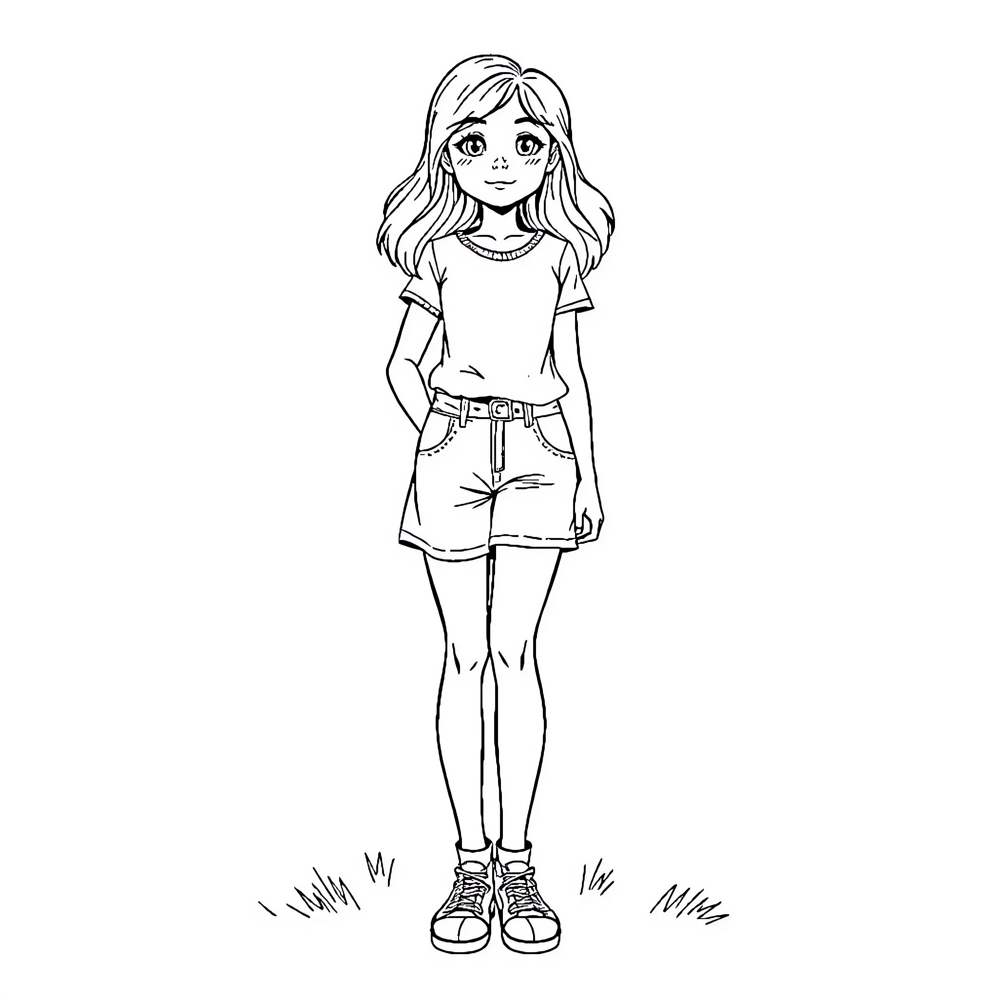 Girl in casual outfit standing outdoors Coloring Page (free black-and-white line drawing printable PDF for all, from beginners to advanced learners, including children, teens, adults, and seniors)