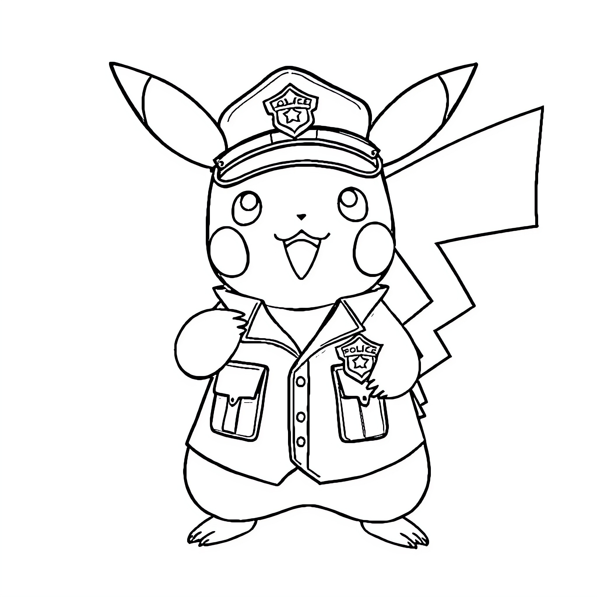 Pikachu dressed as a police officer Coloring Page (free black-and-white line drawing printable PDF for all, from beginners to advanced learners, including children, teens, adults, and seniors)