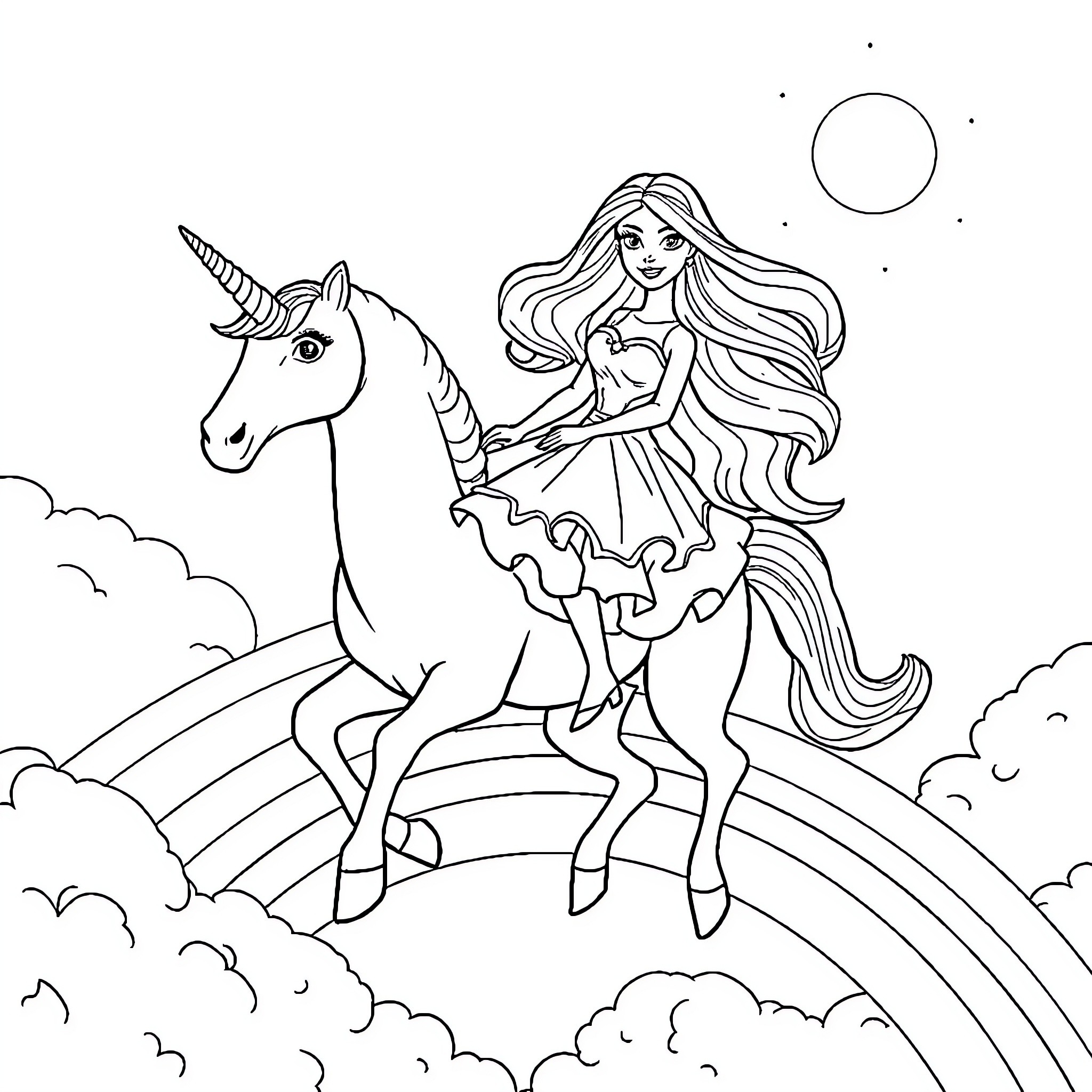 Barbie riding a magical unicorn in the clouds Coloring Page (free black-and-white line drawing printable PDF for all, from beginners to advanced learners, including children, teens, adults, and seniors)