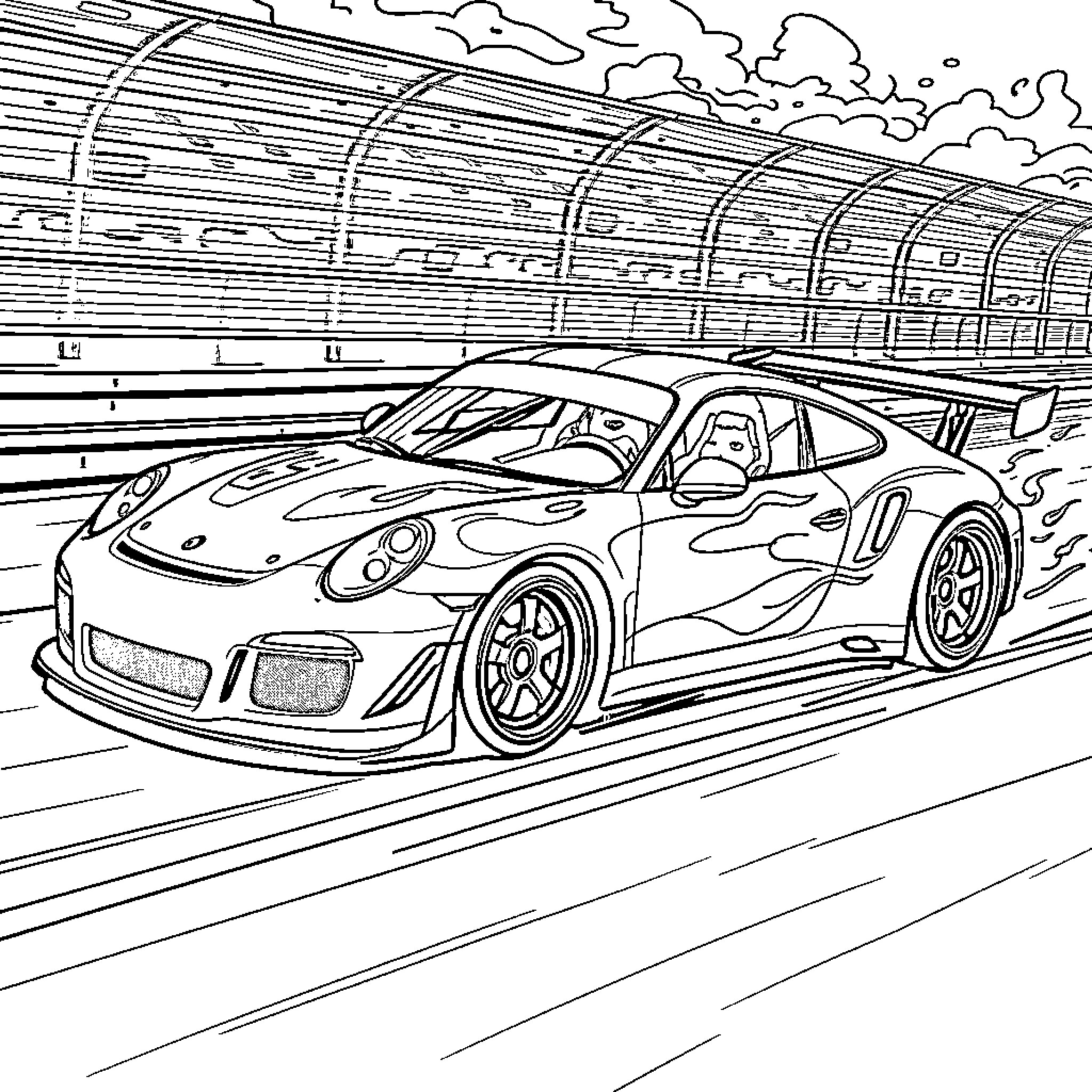 Racing Car speeding on the track Coloring Page (free black-and-white line drawing printable PDF for all, from beginners to advanced learners, including children, teens, adults, and seniors)