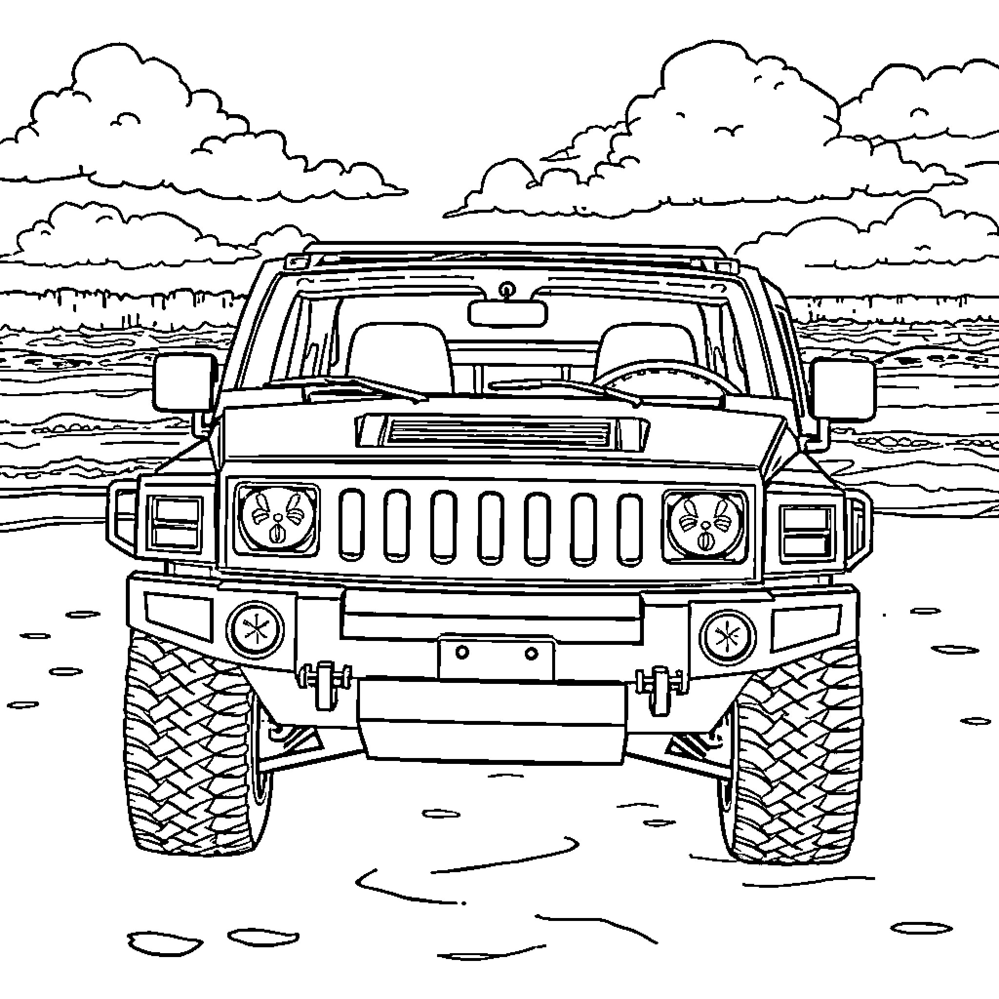 Hummer driving through rugged terrain Coloring Page (free black-and-white line drawing printable PDF for all, from beginners to advanced learners, including children, teens, adults, and seniors)