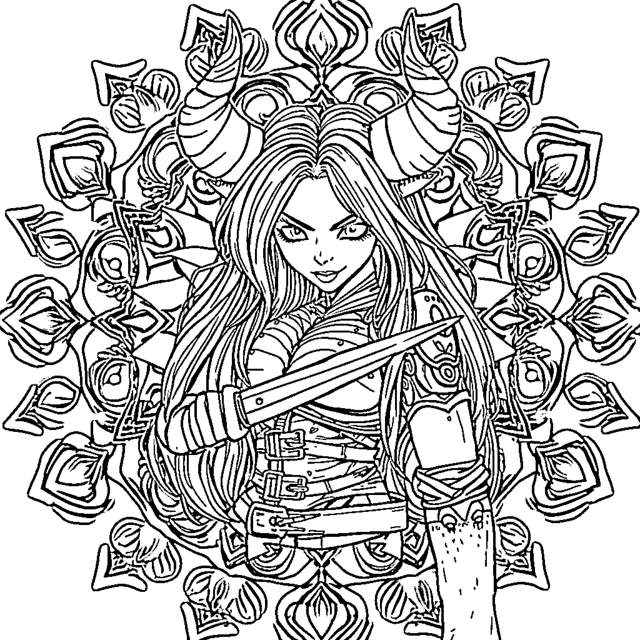 Zoey's Floral Warrior Mandala Coloring Page (free black-and-white line drawing printable PDF for all, from beginners to advanced learners, including children, teens, adults, and seniors)