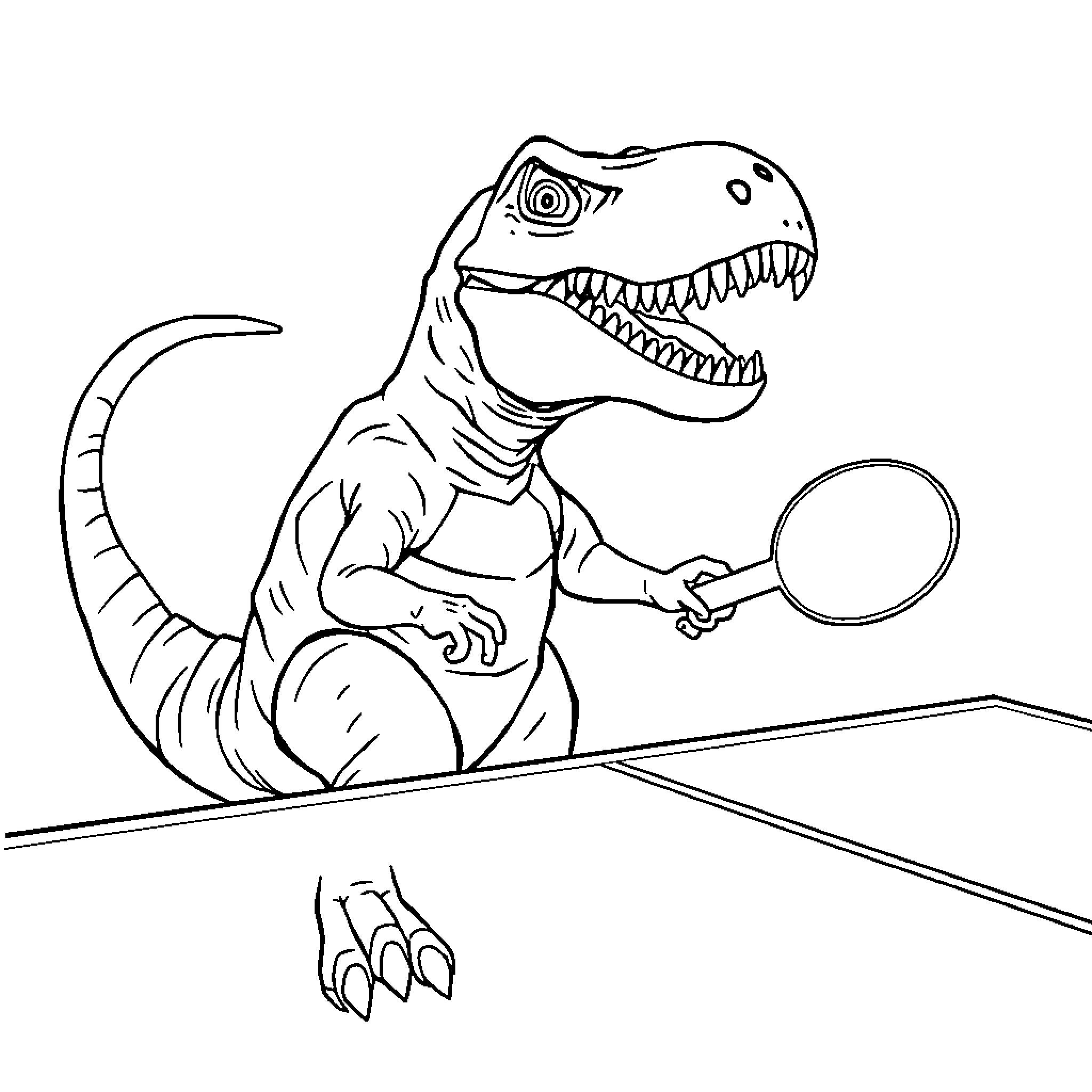 Trex examining a mysterious object Coloring Page (free black-and-white line drawing printable PDF for all, from beginners to advanced learners, including children, teens, adults, and seniors)