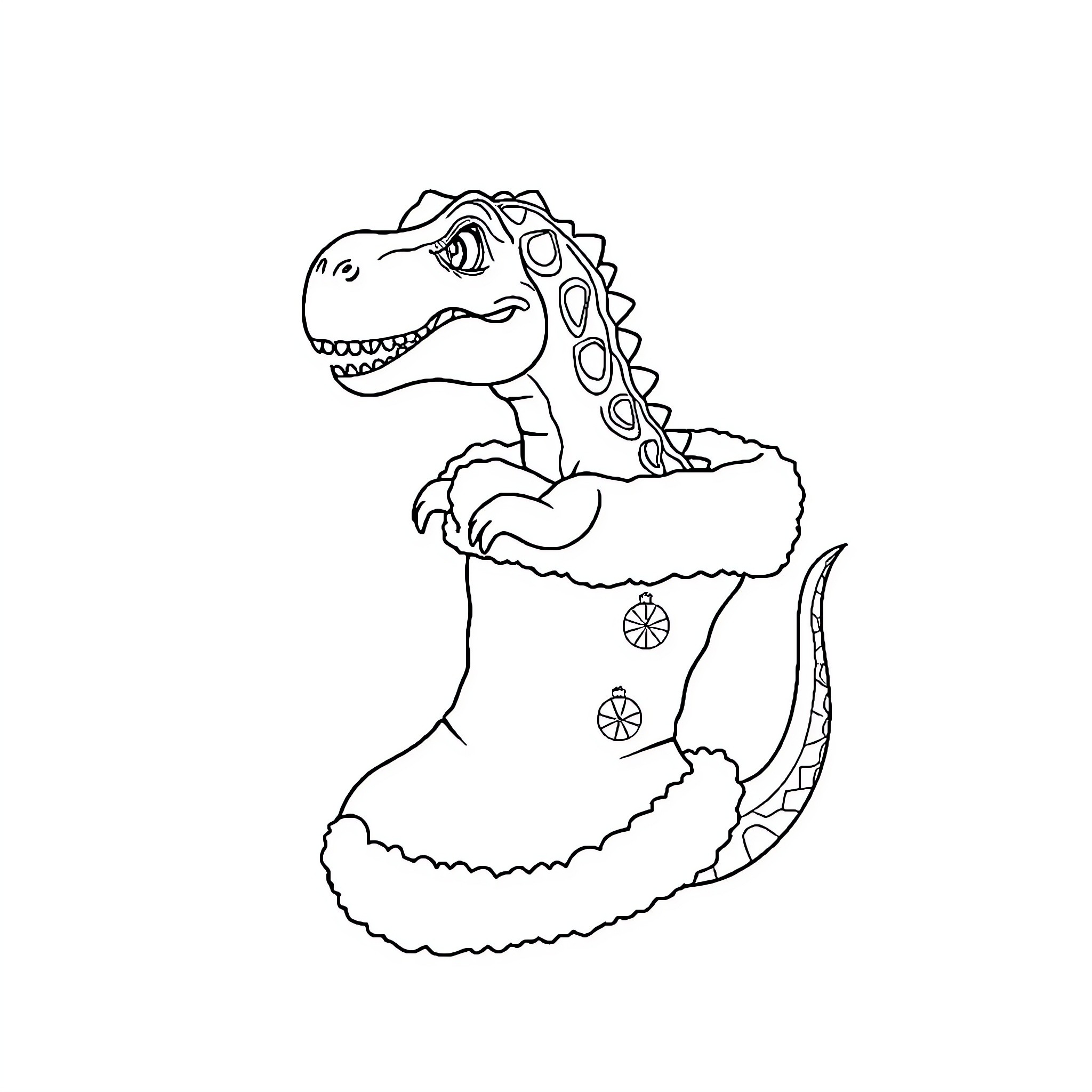 Dinosaur in a winter boot Coloring Page (free black-and-white line drawing printable PDF for all, from beginners to advanced learners, including children, teens, adults, and seniors)