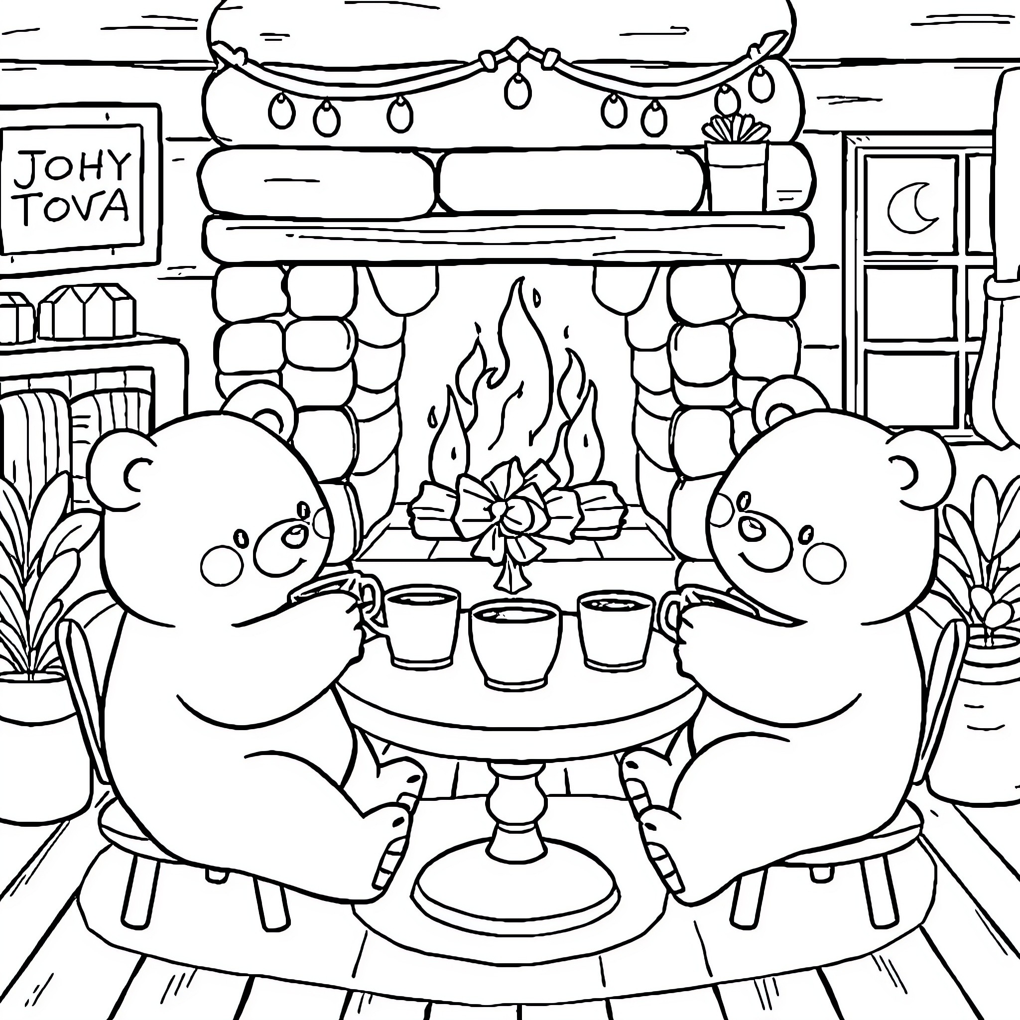Bear cozy in front of fireplace with friends Coloring Page (free black-and-white line drawing printable PDF for all, from beginners to advanced learners, including children, teens, adults, and seniors)