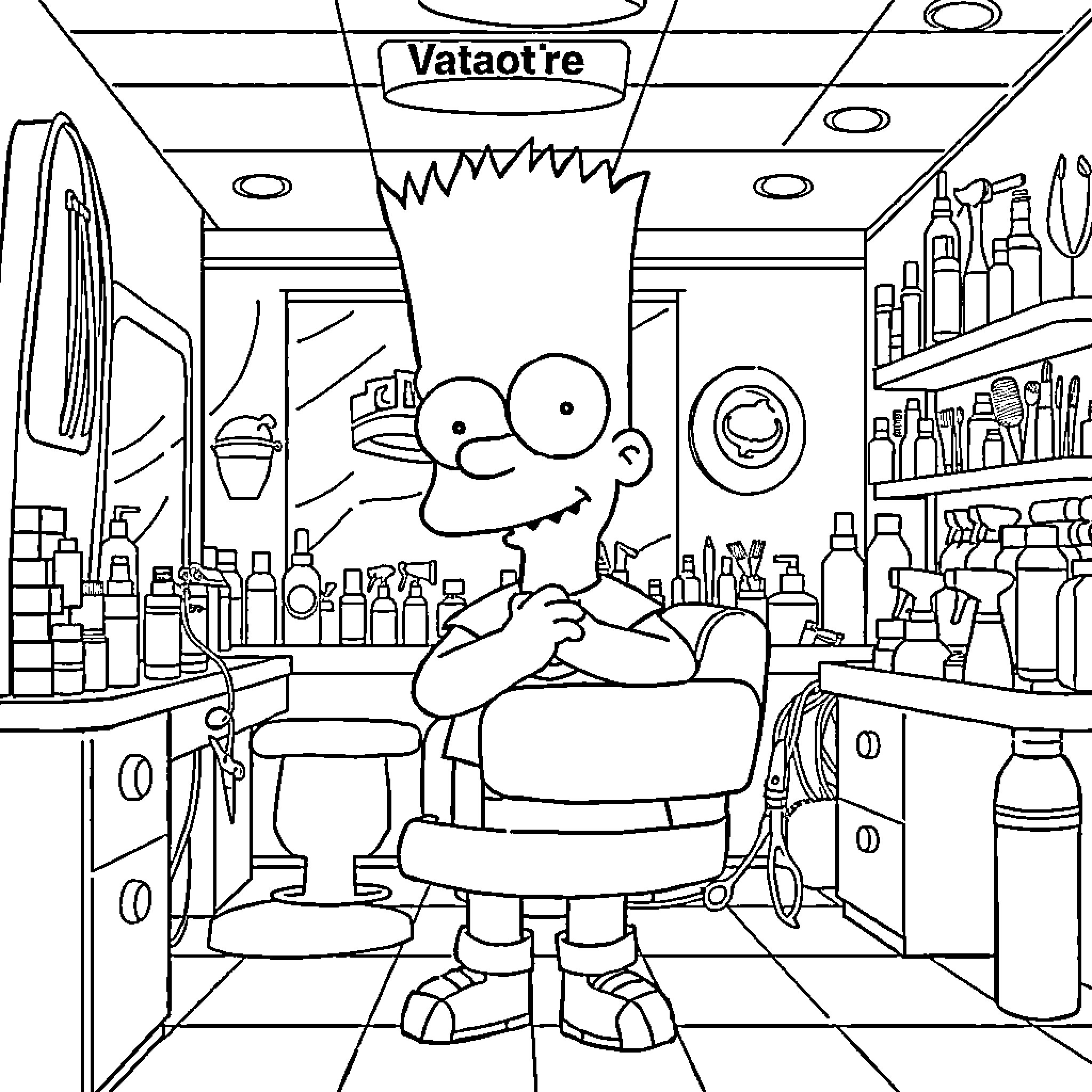 Bart Simpson relaxing in a unique shop environment Coloring Page (free black-and-white line drawing printable PDF for all, from beginners to advanced learners, including children, teens, adults, and seniors)