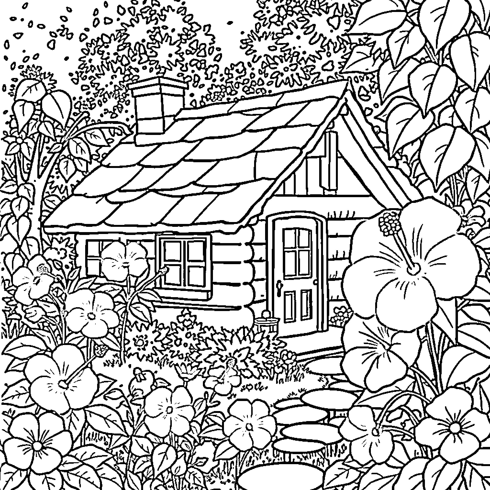 Hibiscus Cottage in a Lush Garden Coloring Page (free black-and-white line drawing printable PDF for all, from beginners to advanced learners, including children, teens, adults, and seniors)