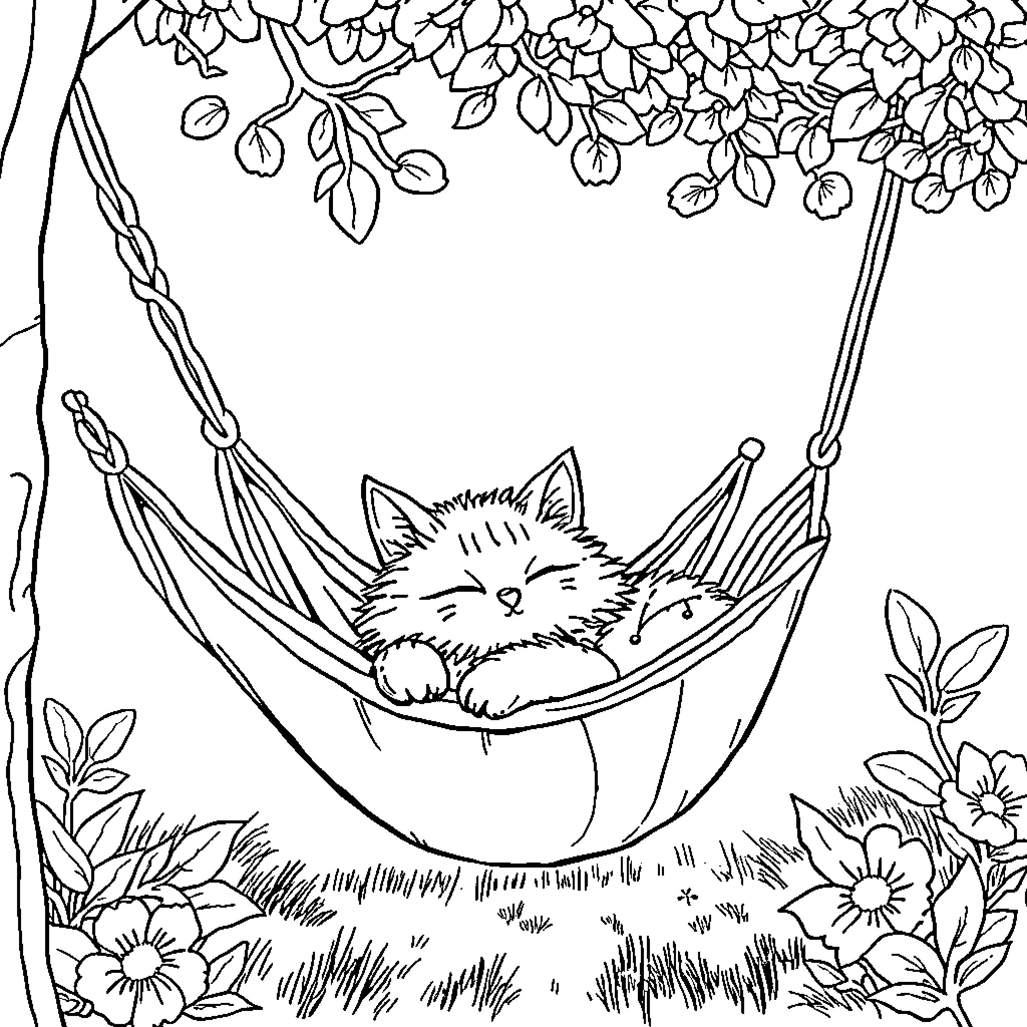 Cat sleeping peacefully in hammock surrounded by flowers Coloring Page (free black-and-white line drawing printable PDF for all, from beginners to advanced learners, including children, teens, adults, and seniors)
