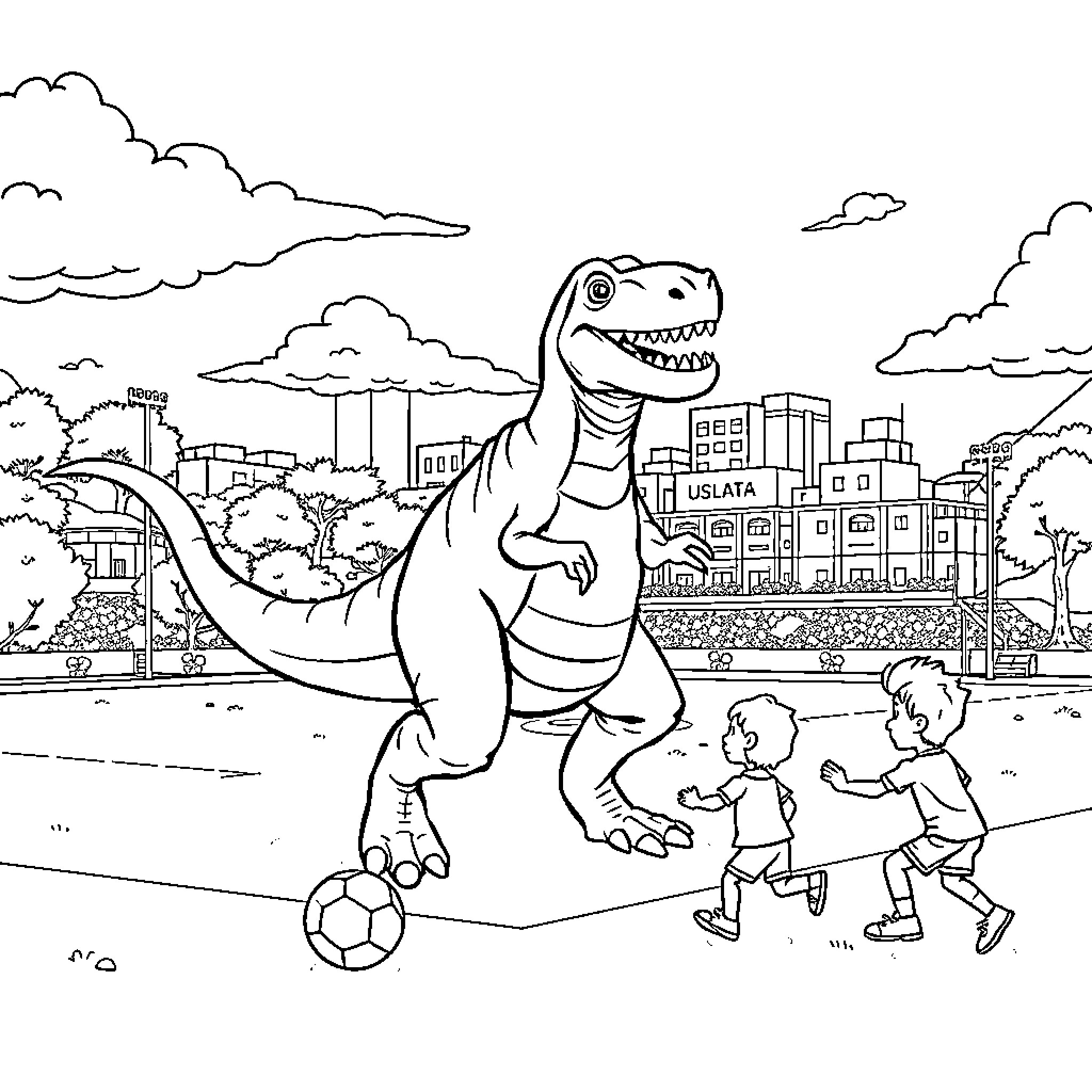 Dinosaur playing soccer with children in the city Coloring Page (free black-and-white line drawing printable PDF for all, from beginners to advanced learners, including children, teens, adults, and seniors)