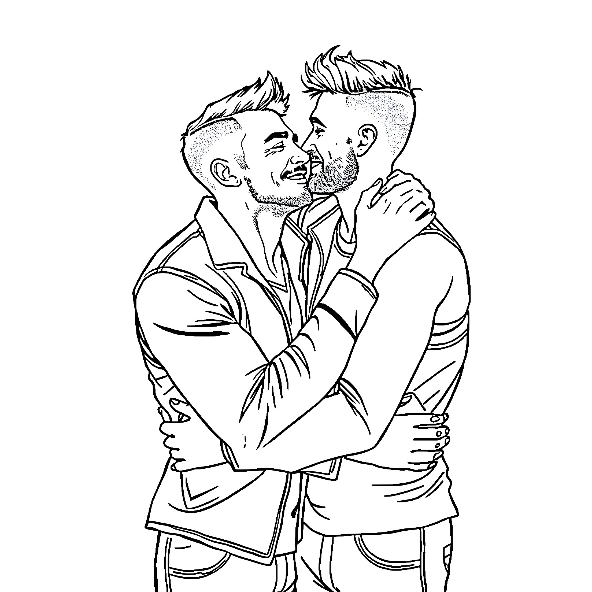Man embracing another man in affection Coloring Page (free black-and-white line drawing printable PDF for all, from beginners to advanced learners, including children, teens, adults, and seniors)
