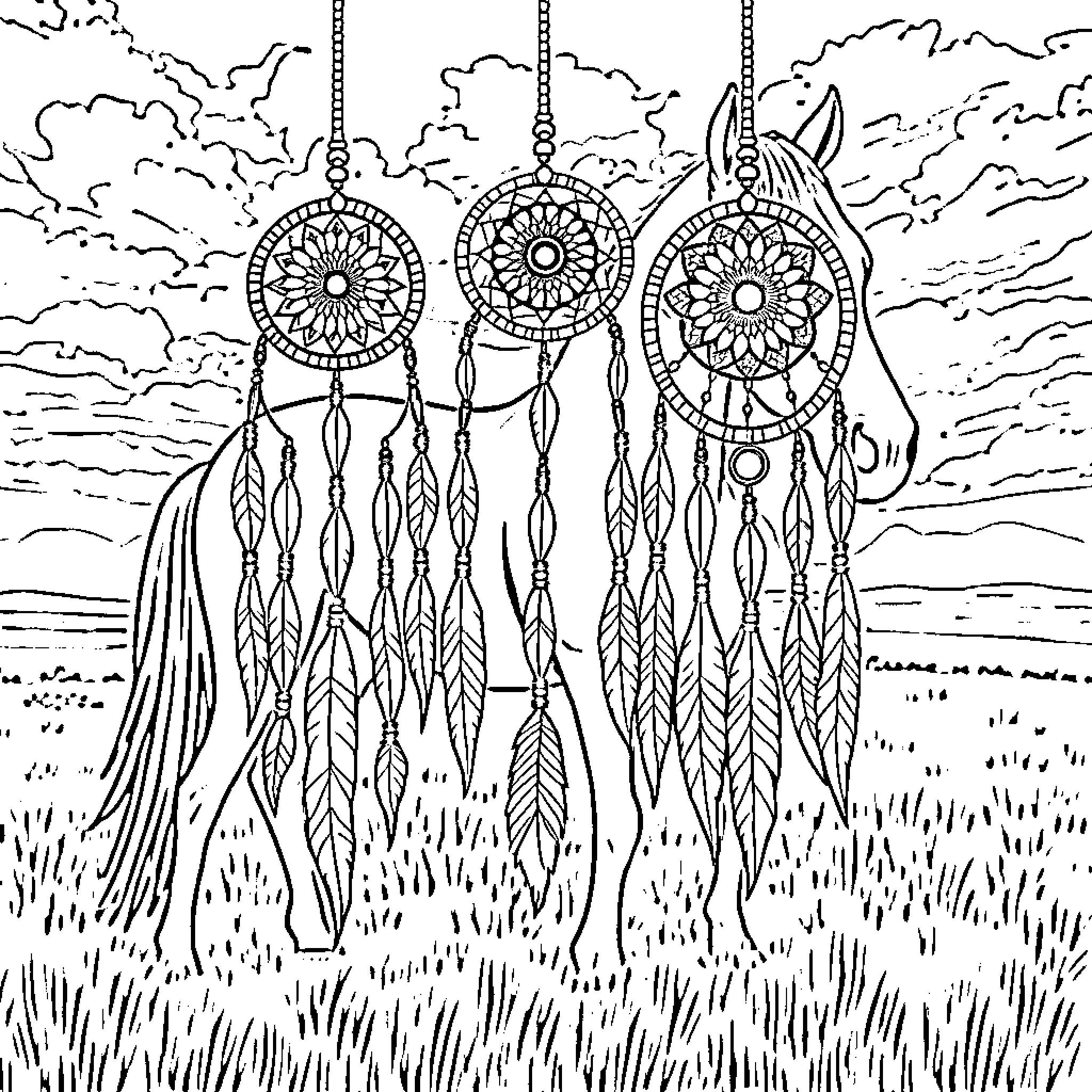Dream Catchers Hanging in a Serene Meadow Coloring Page (free black-and-white line drawing printable PDF for all, from beginners to advanced learners, including children, teens, adults, and seniors)