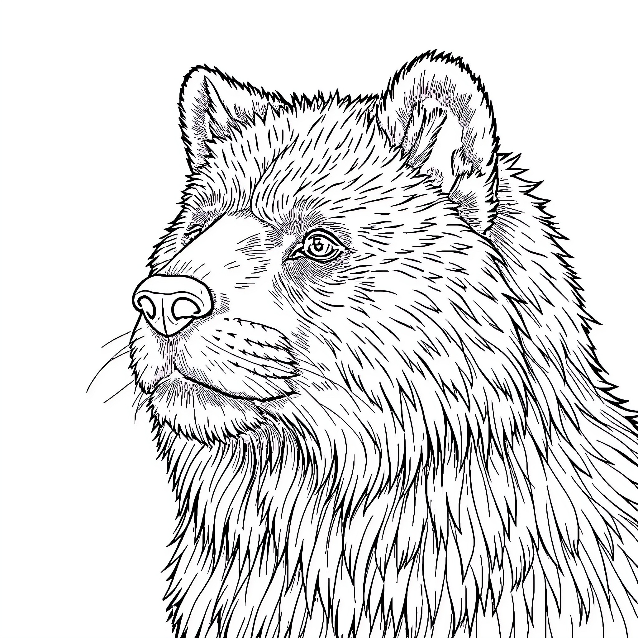Animal portrait of a fluffy bear Coloring Page (free black-and-white line drawing printable PDF for all, from beginners to advanced learners, including children, teens, adults, and seniors)