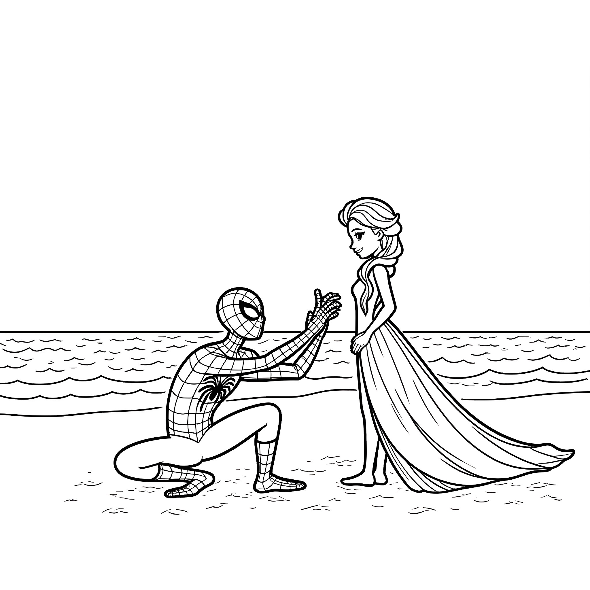 Spiderman proposes to a woman on the beach Coloring Page (free black-and-white line drawing printable PDF for all, from beginners to advanced learners, including children, teens, adults, and seniors)