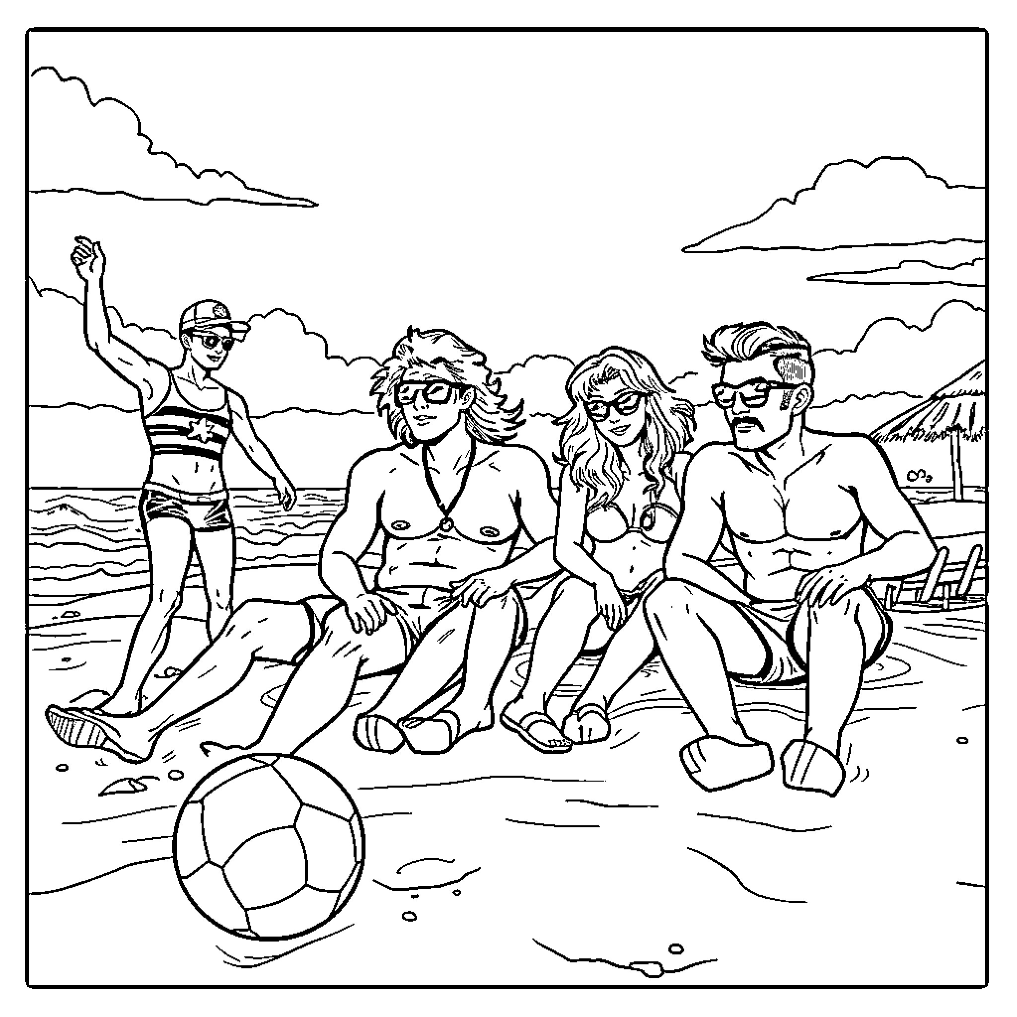 Vengador Group Enjoying Summer on the Beach Coloring Page (free black-and-white line drawing printable PDF for all, from beginners to advanced learners, including children, teens, adults, and seniors)