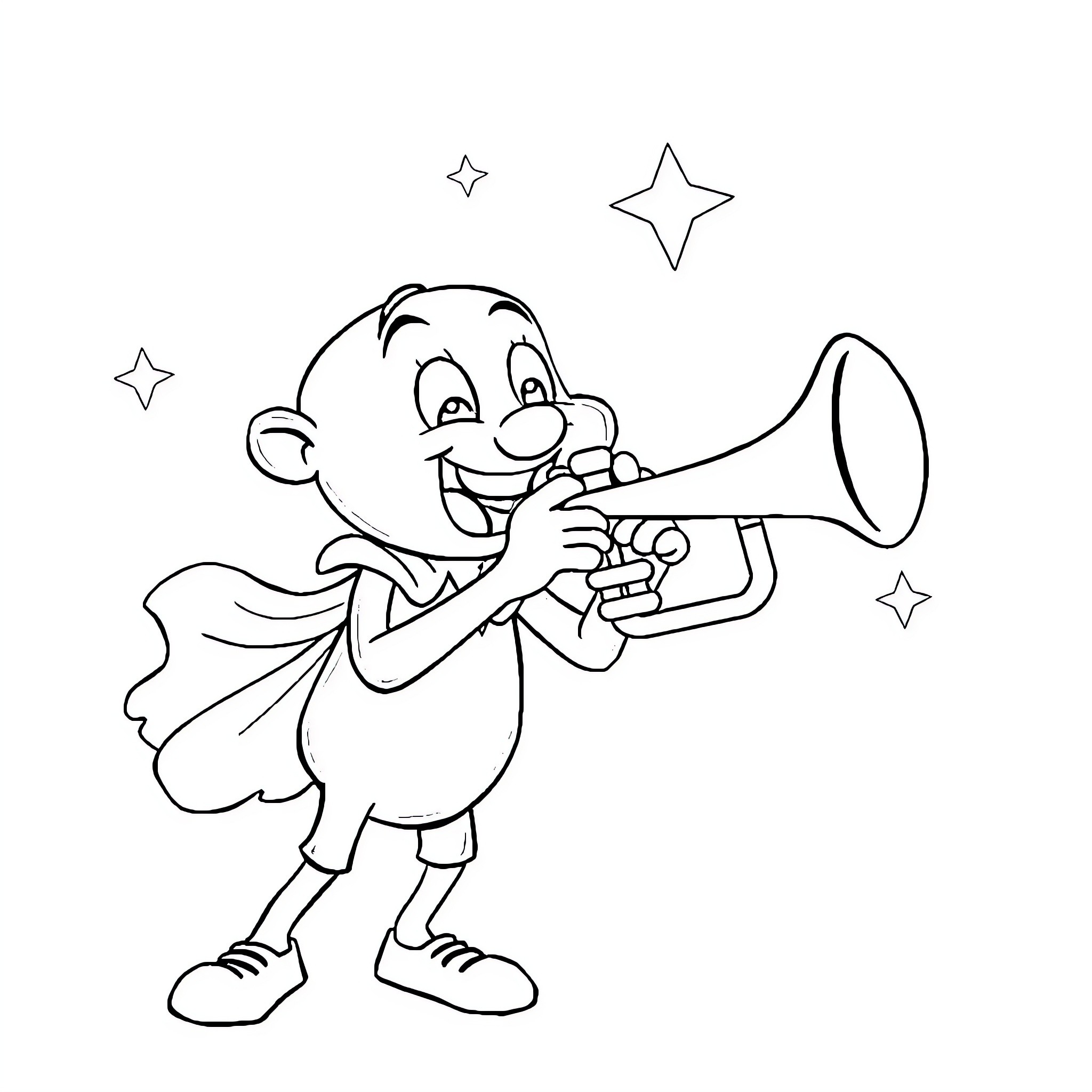 Bluey playing with a trumpet and stars Coloring Page (free black-and-white line drawing printable PDF for all, from beginners to advanced learners, including children, teens, adults, and seniors)