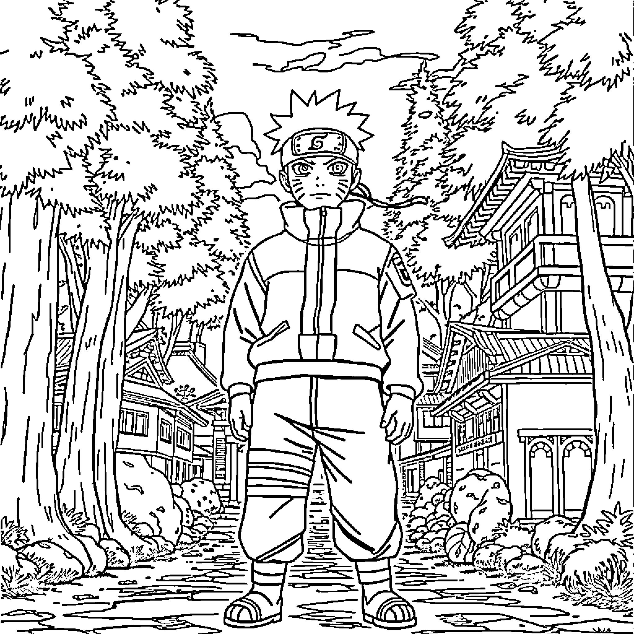 Naruto character in a Japanese village setting Coloring Page (free black-and-white line drawing printable PDF for all, from beginners to advanced learners, including children, teens, adults, and seniors)