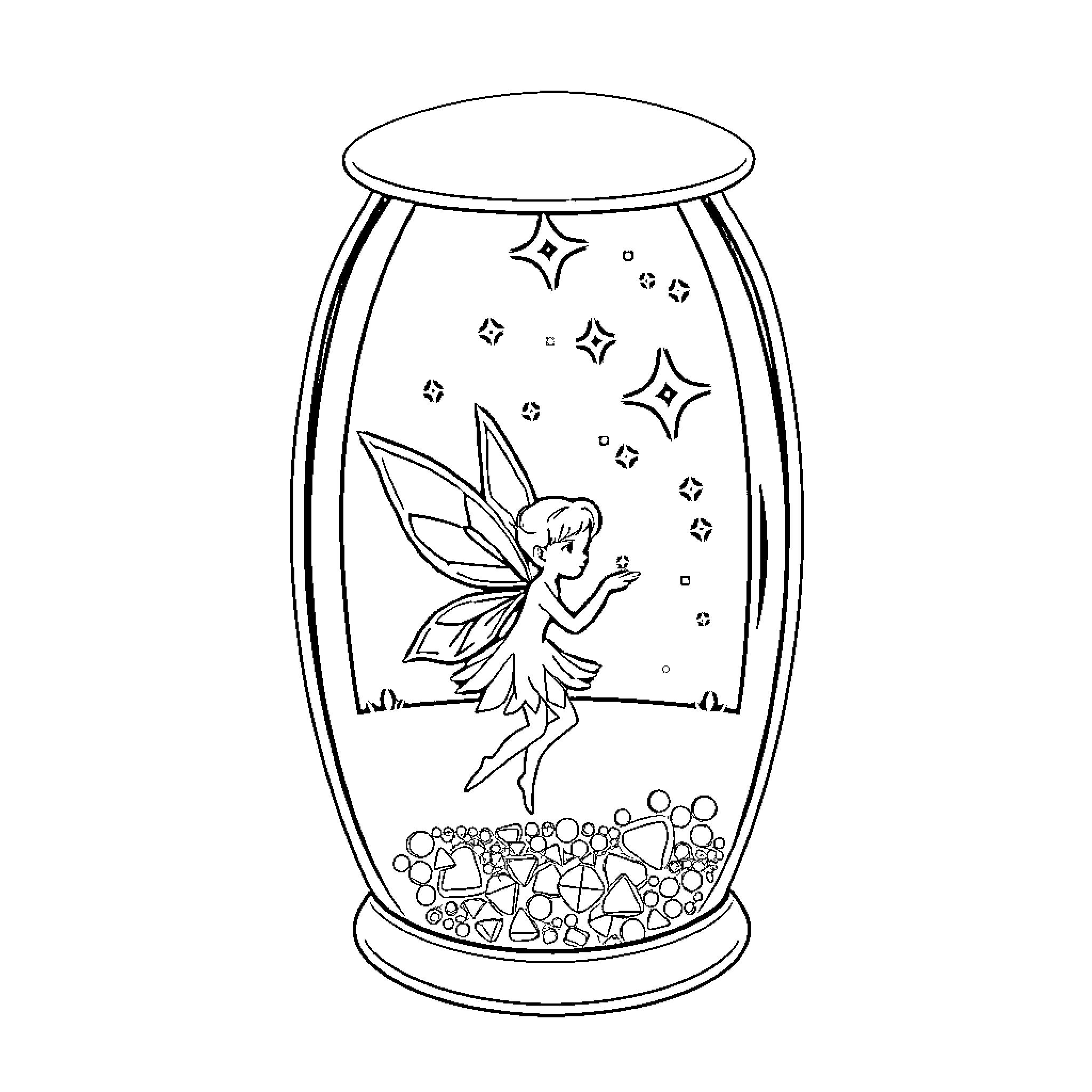 Fairy dancing inside a magical glass jar Coloring Page (free black-and-white line drawing printable PDF for all, from beginners to advanced learners, including children, teens, adults, and seniors)