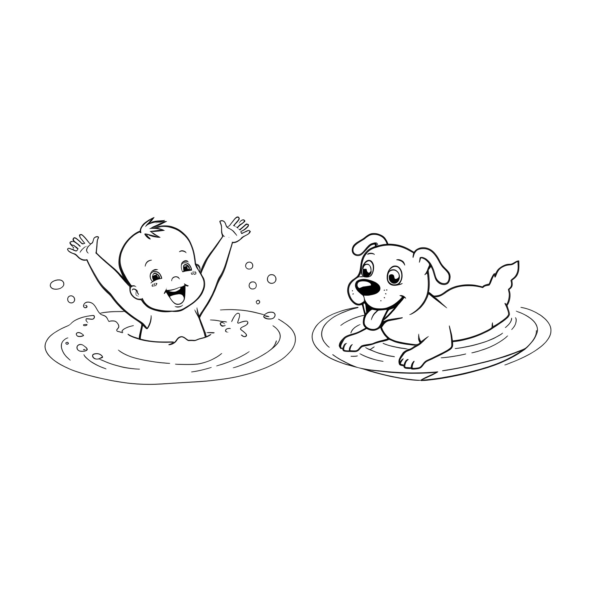 Baby swimming and playing with a puppy in the water Coloring Page (free black-and-white line drawing printable PDF for all, from beginners to advanced learners, including children, teens, adults, and seniors)