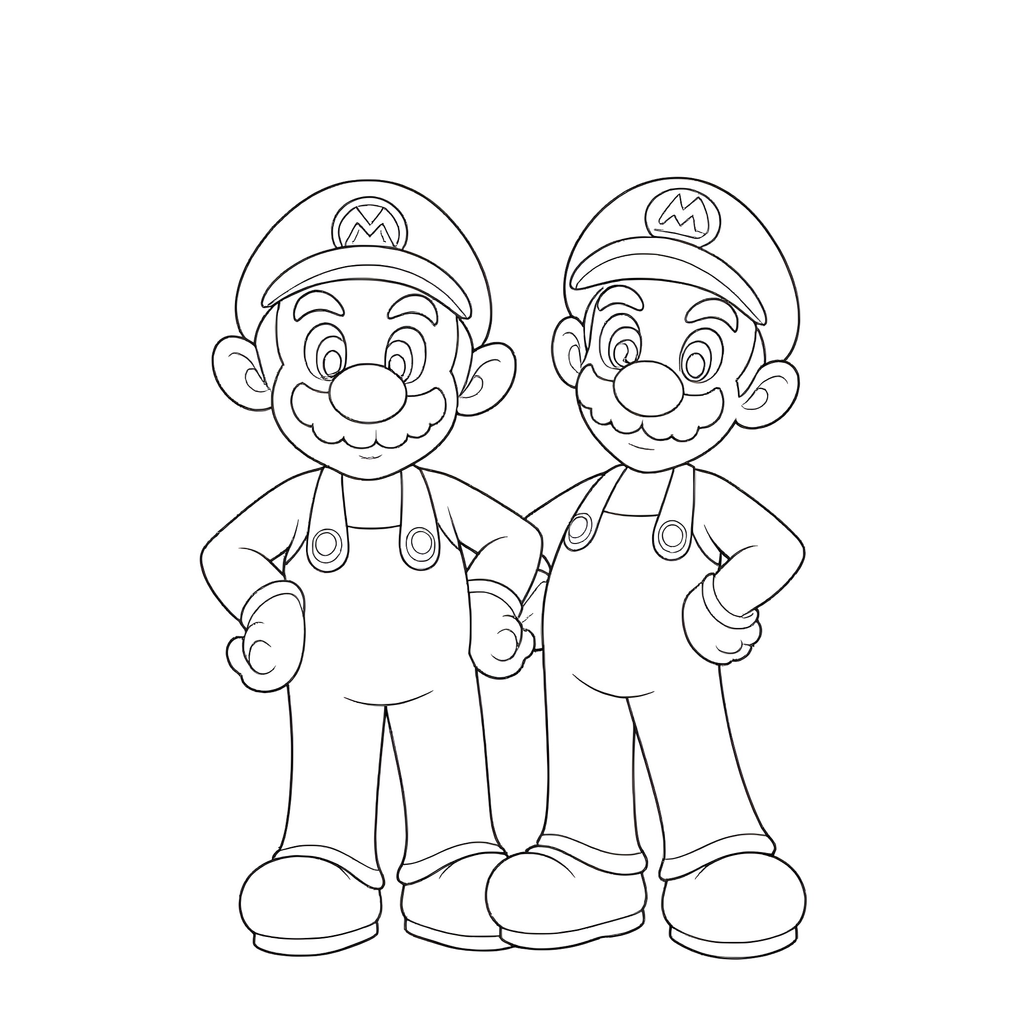 Mario brothers in action poses Coloring Page (free black-and-white line drawing printable PDF for all, from beginners to advanced learners, including children, teens, adults, and seniors)