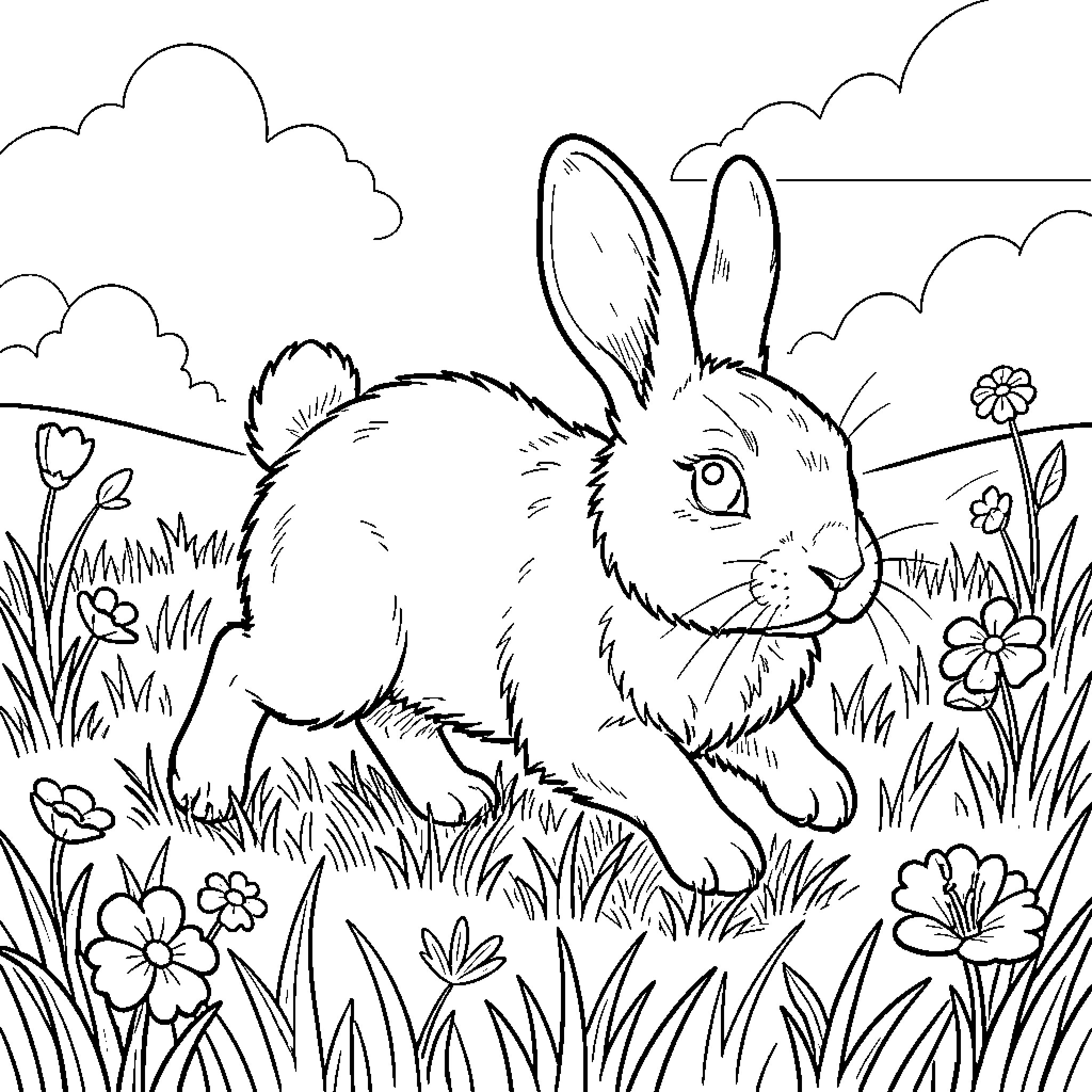 Rabbit resting amidst flowers in a serene landscape Coloring Page (free black-and-white line drawing printable PDF for all, from beginners to advanced learners, including children, teens, adults, and seniors)