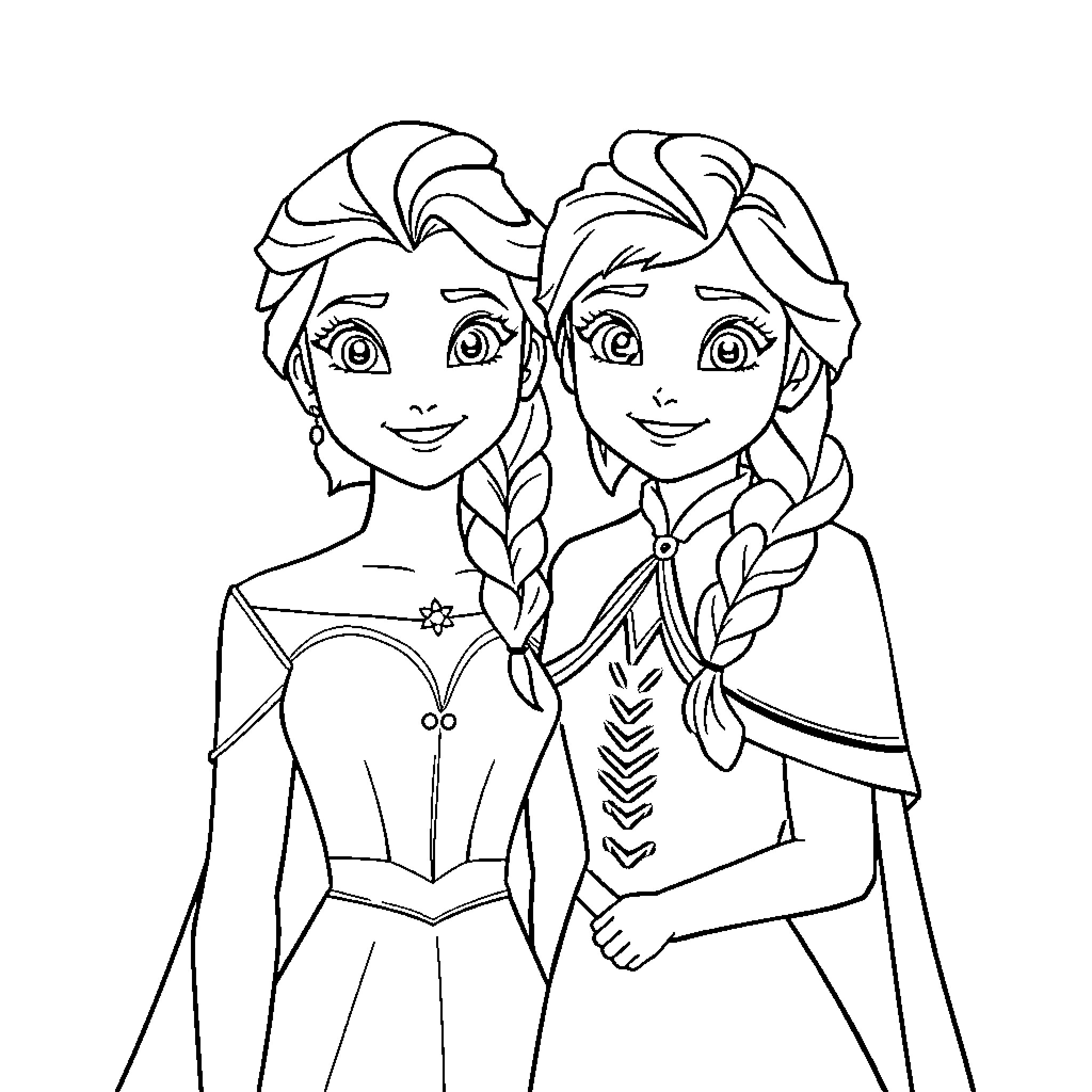 Anna and Elsa in Formal Dresses with Braided Hairstyles Coloring Page (free black-and-white line drawing printable PDF for all, from beginners to advanced learners, including children, teens, adults, and seniors)