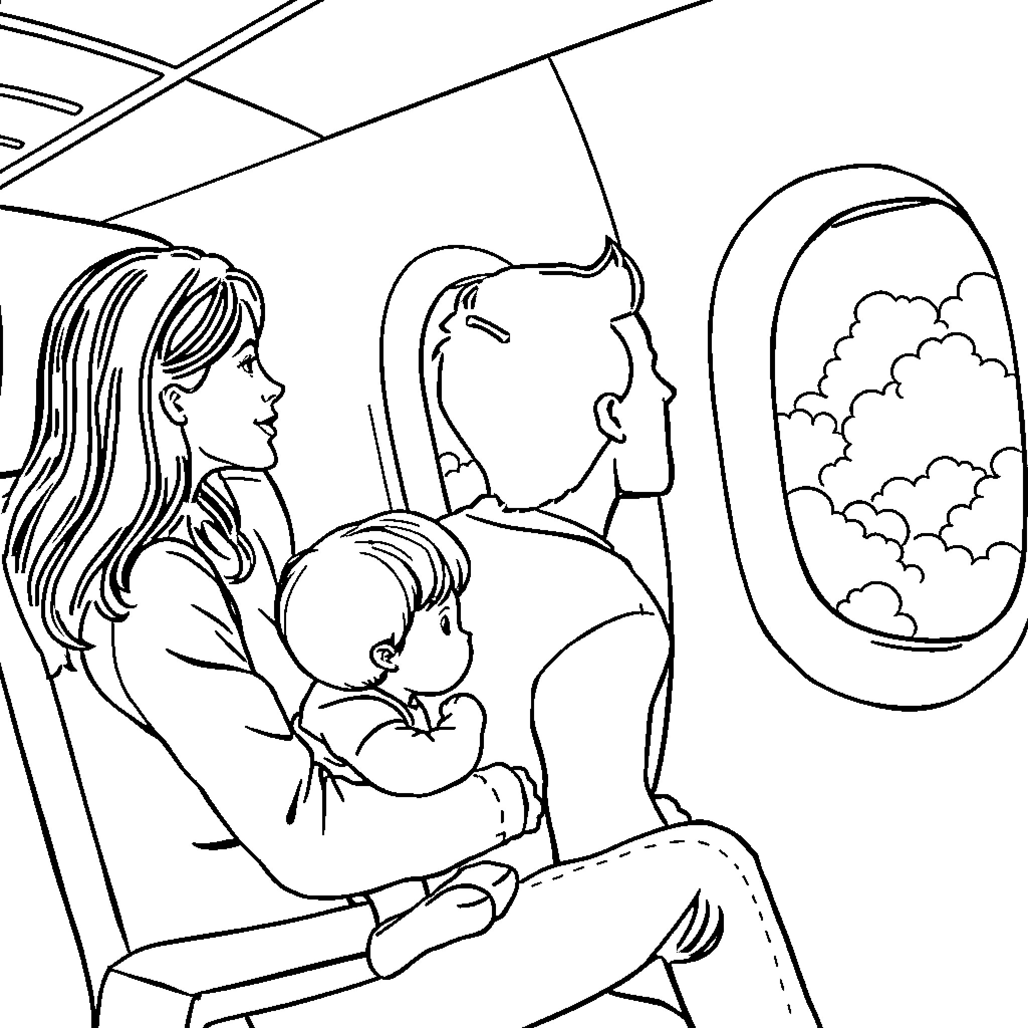 Family Travelling by Airplane Coloring Page (free black-and-white line drawing printable PDF for all, from beginners to advanced learners, including children, teens, adults, and seniors)