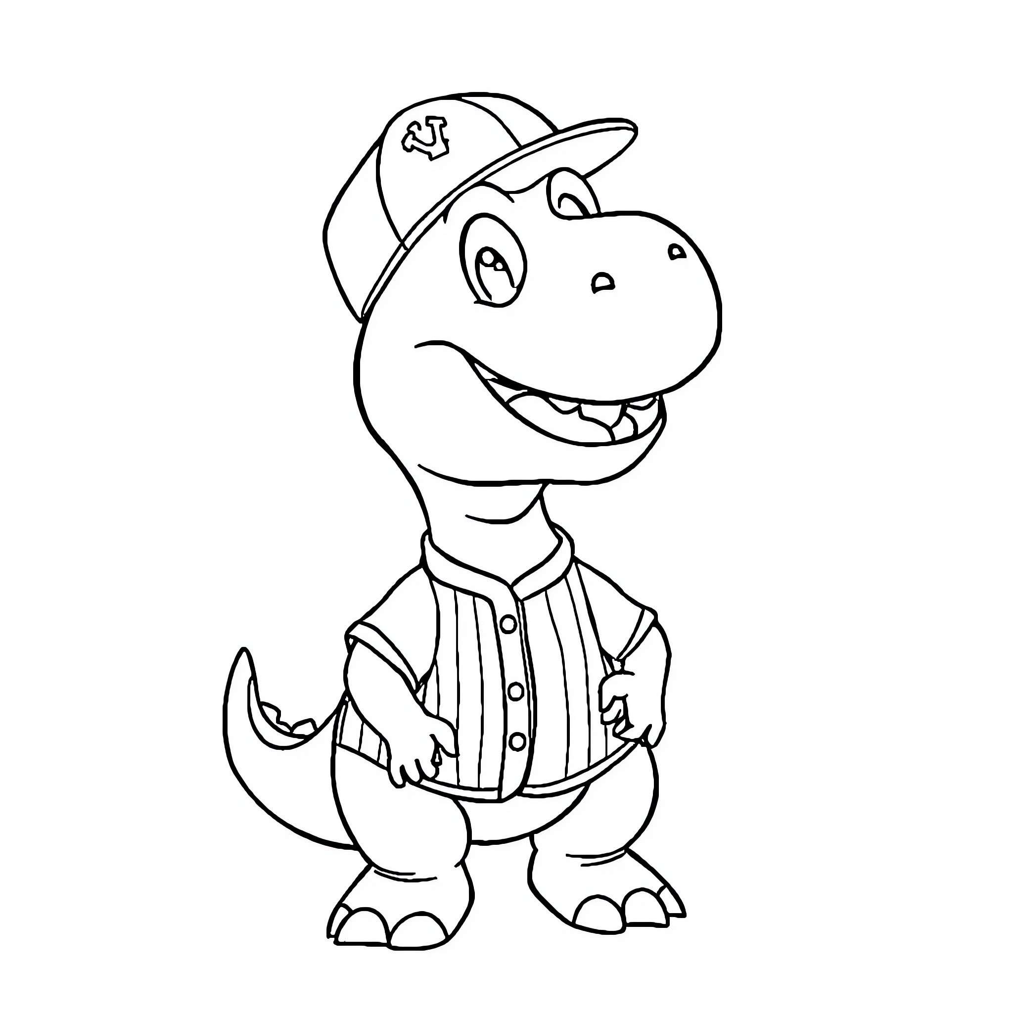 Dino baseball player posing happily Coloring Page (free black-and-white line drawing printable PDF for all, from beginners to advanced learners, including children, teens, adults, and seniors)