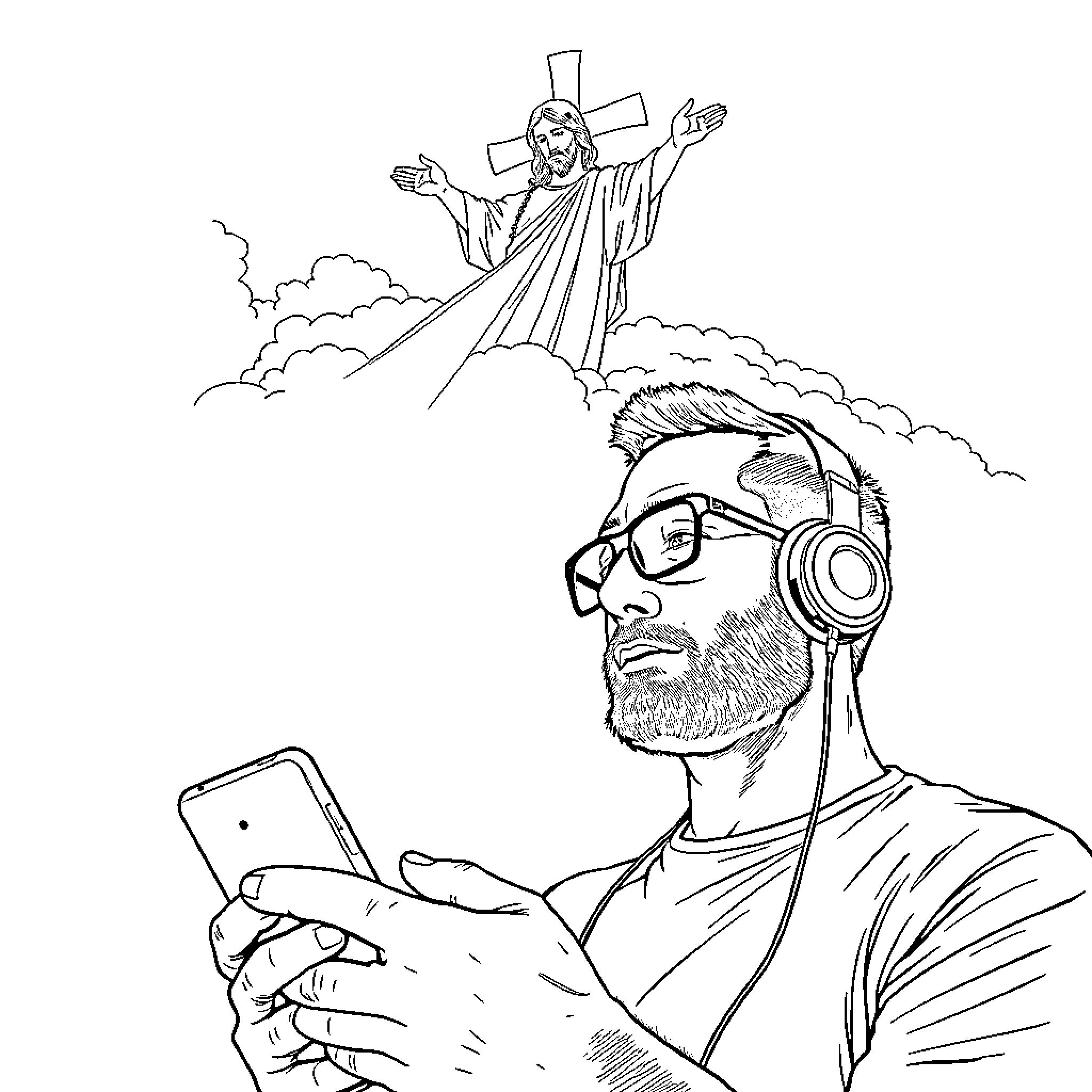 Man listens to music while religious figure appears Coloring Page (free black-and-white line drawing printable PDF for all, from beginners to advanced learners, including children, teens, adults, and seniors)