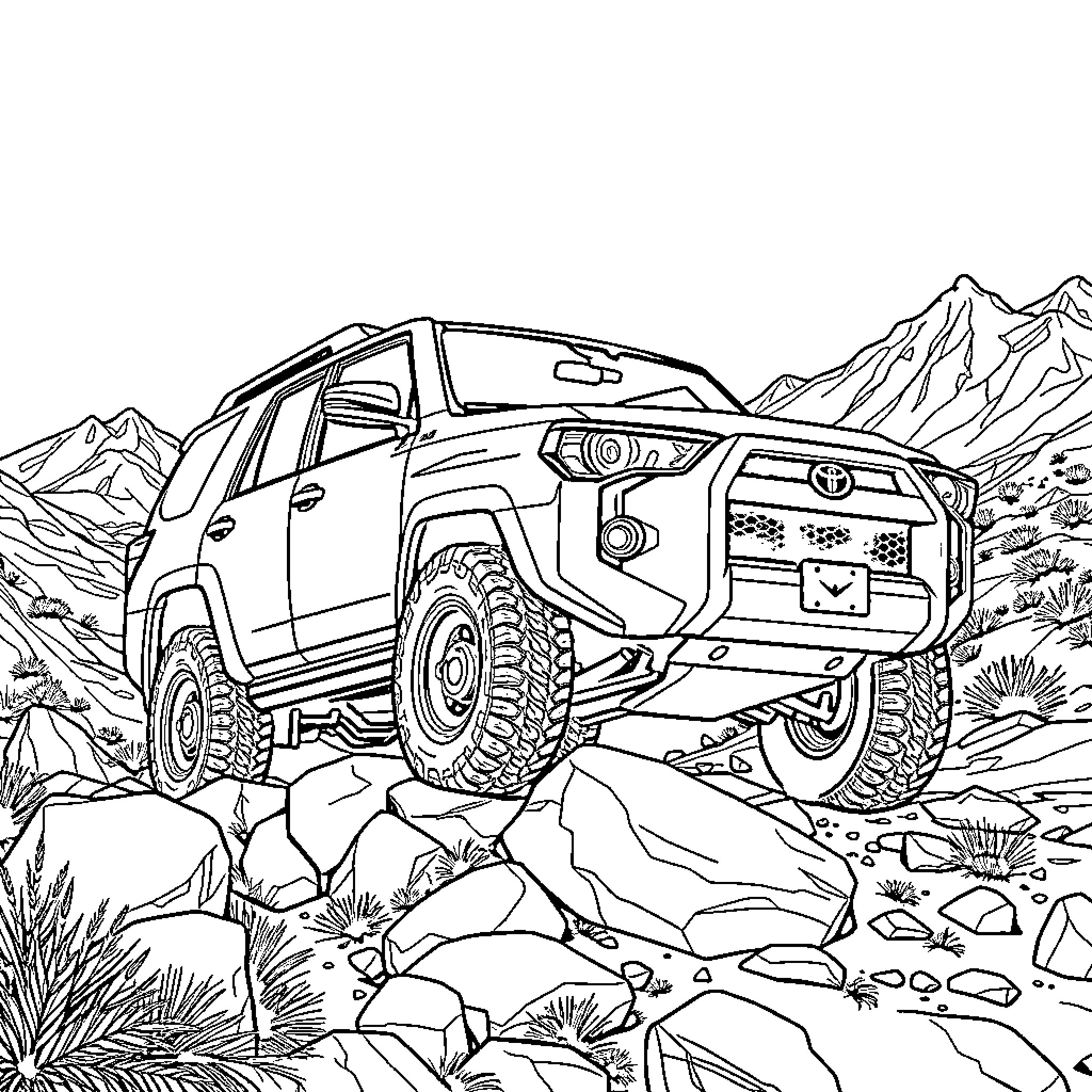 Runner navigating rugged terrain in off-road vehicle Coloring Page (free black-and-white line drawing printable PDF for all, from beginners to advanced learners, including children, teens, adults, and seniors)