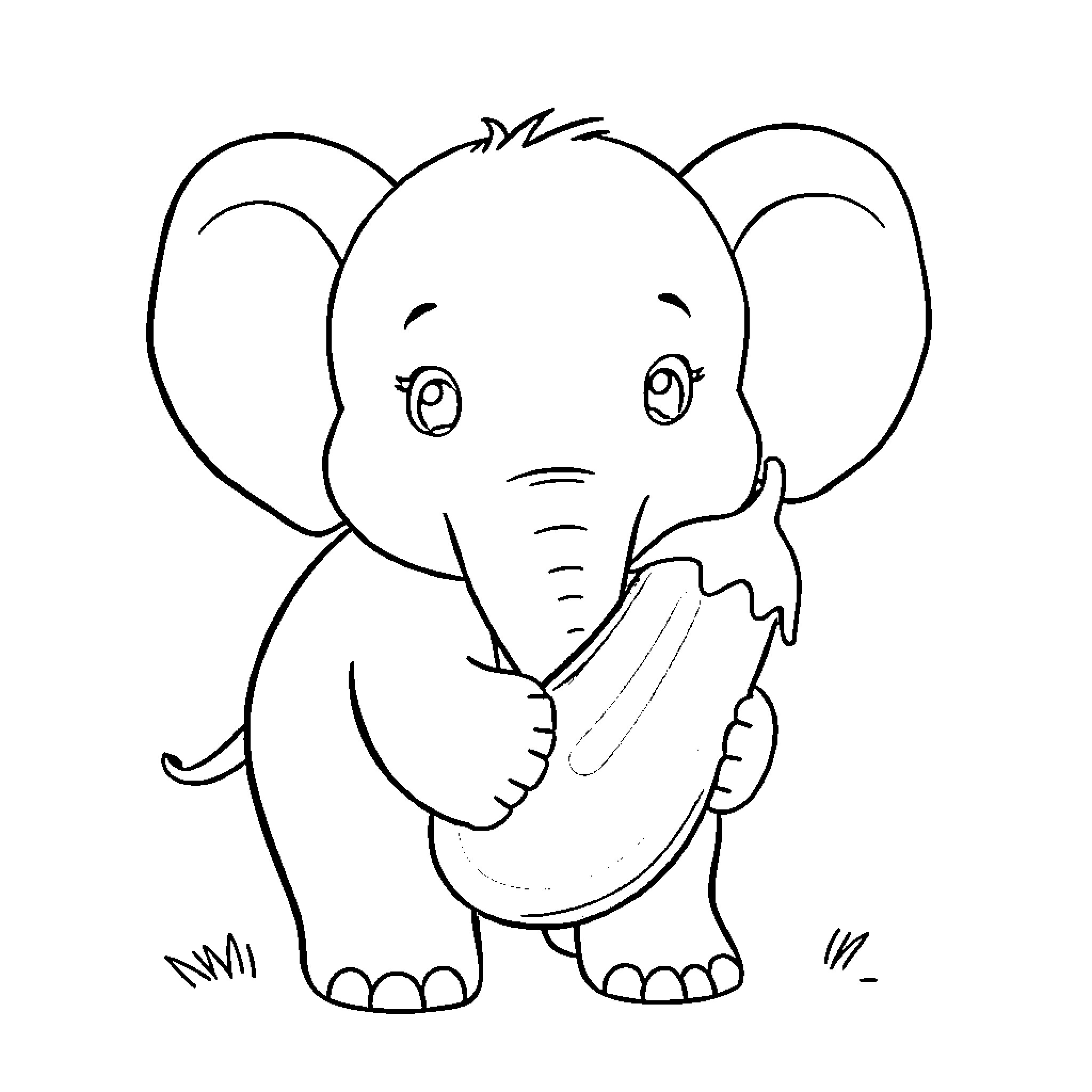 Elephant looking curious and thoughtful Coloring Page (free black-and-white line drawing printable PDF for all, from beginners to advanced learners, including children, teens, adults, and seniors)