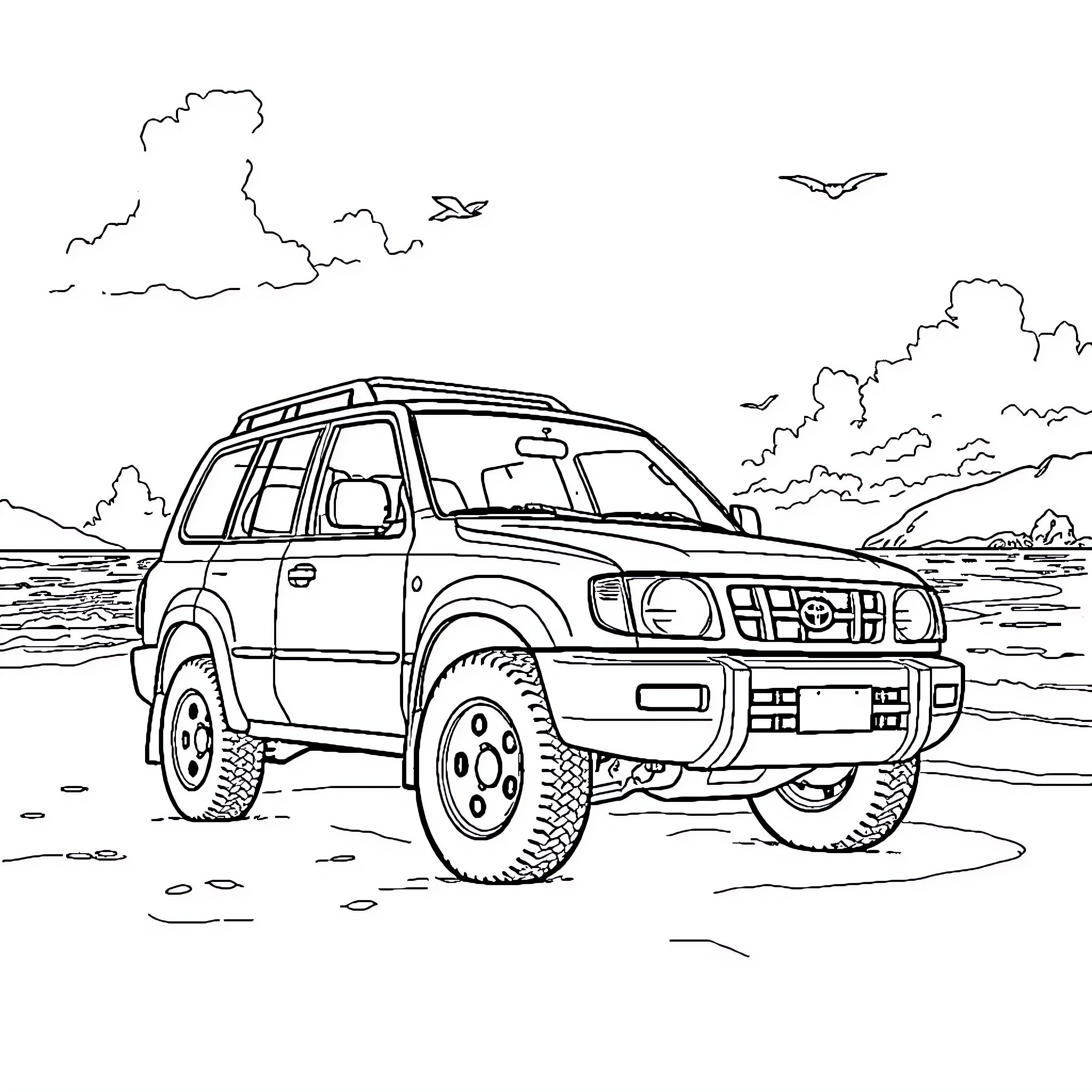 Toyota Rav 4 off-road adventure in the countryside Coloring Page (free black-and-white line drawing printable PDF for all, from beginners to advanced learners, including children, teens, adults, and seniors)