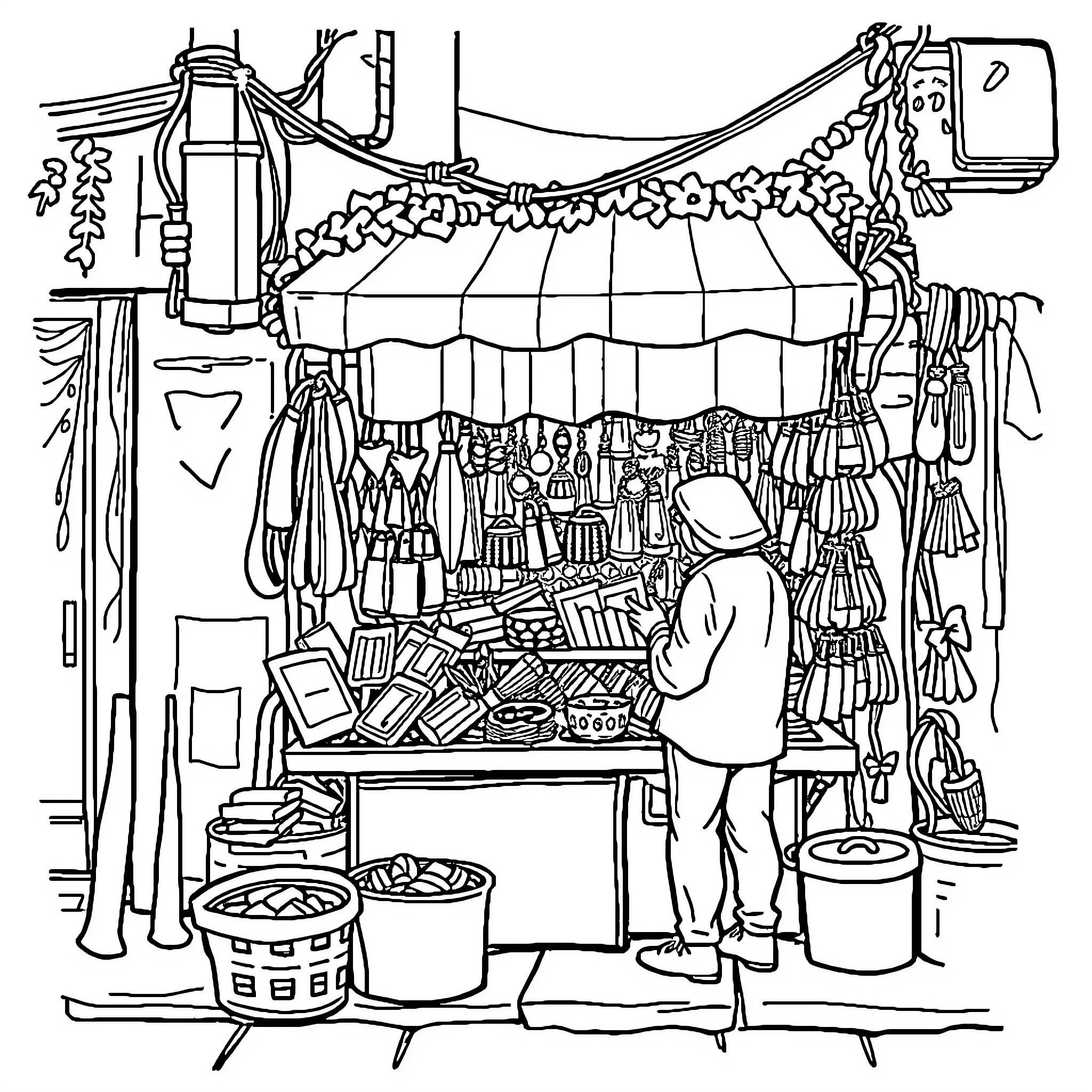 Pira's Vibrant Market Stall Coloring Page (free black-and-white line drawing printable PDF for all, from beginners to advanced learners, including children, teens, adults, and seniors)