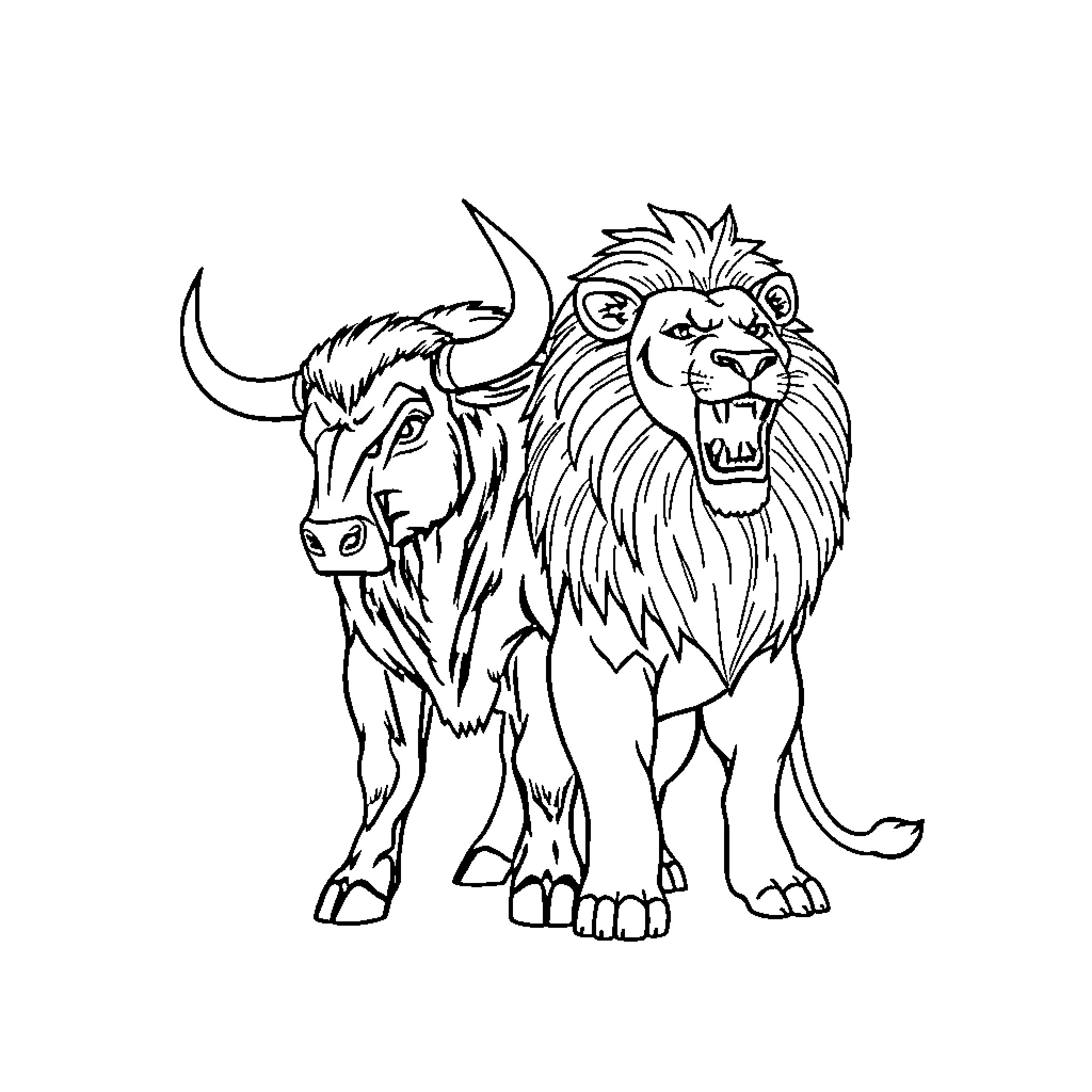 Bull Lion Roaring Fiercely Coloring Page (free black-and-white line drawing printable PDF for all, from beginners to advanced learners, including children, teens, adults, and seniors)