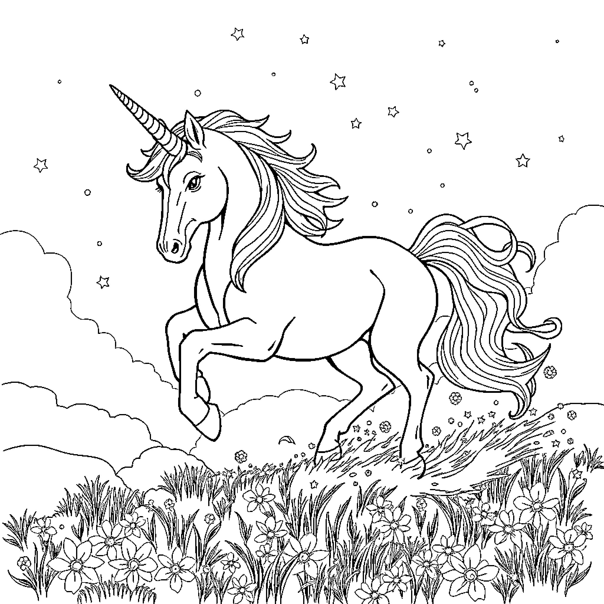 Unicorn running gracefully through a starry meadow Coloring Page (free black-and-white line drawing printable PDF for all, from beginners to advanced learners, including children, teens, adults, and seniors)