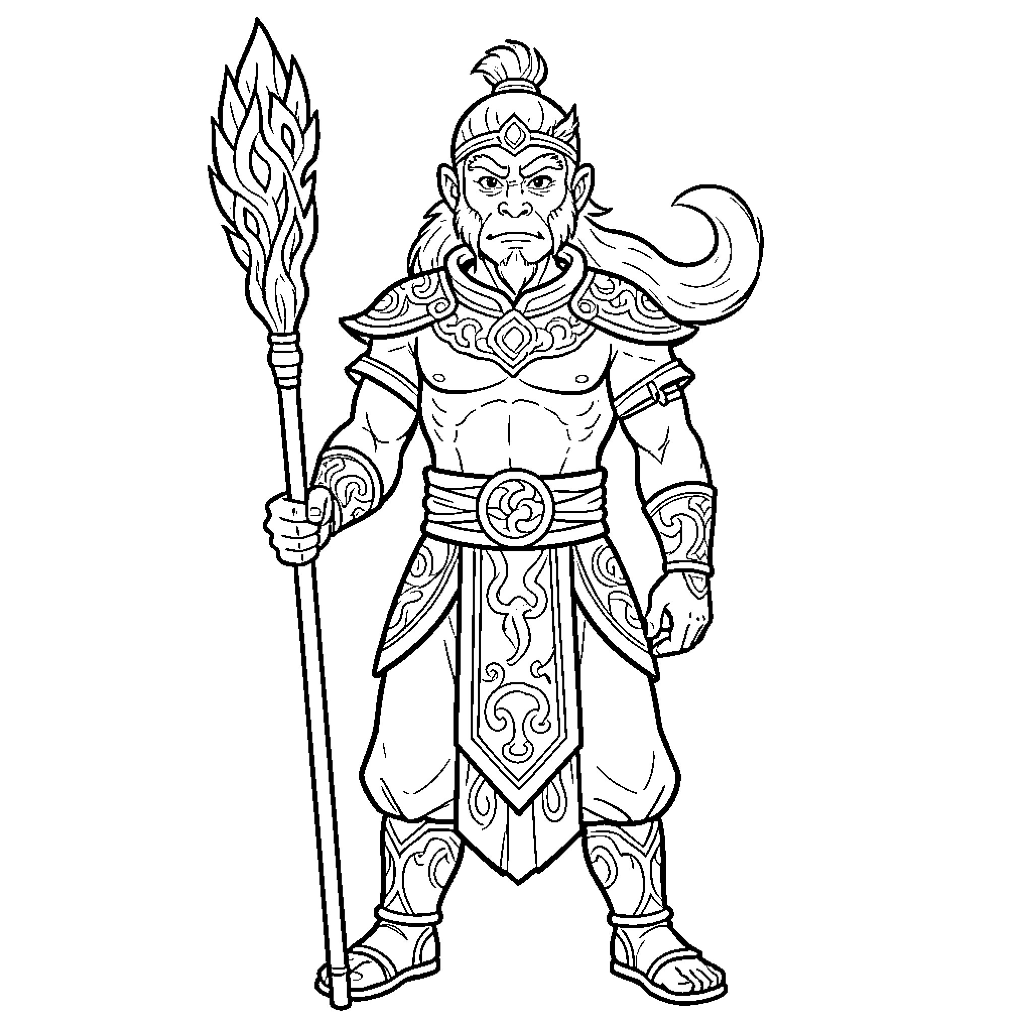 Sun Wukong standing heroically with a magical staff Coloring Page (free black-and-white line drawing printable PDF for all, from beginners to advanced learners, including children, teens, adults, and seniors)