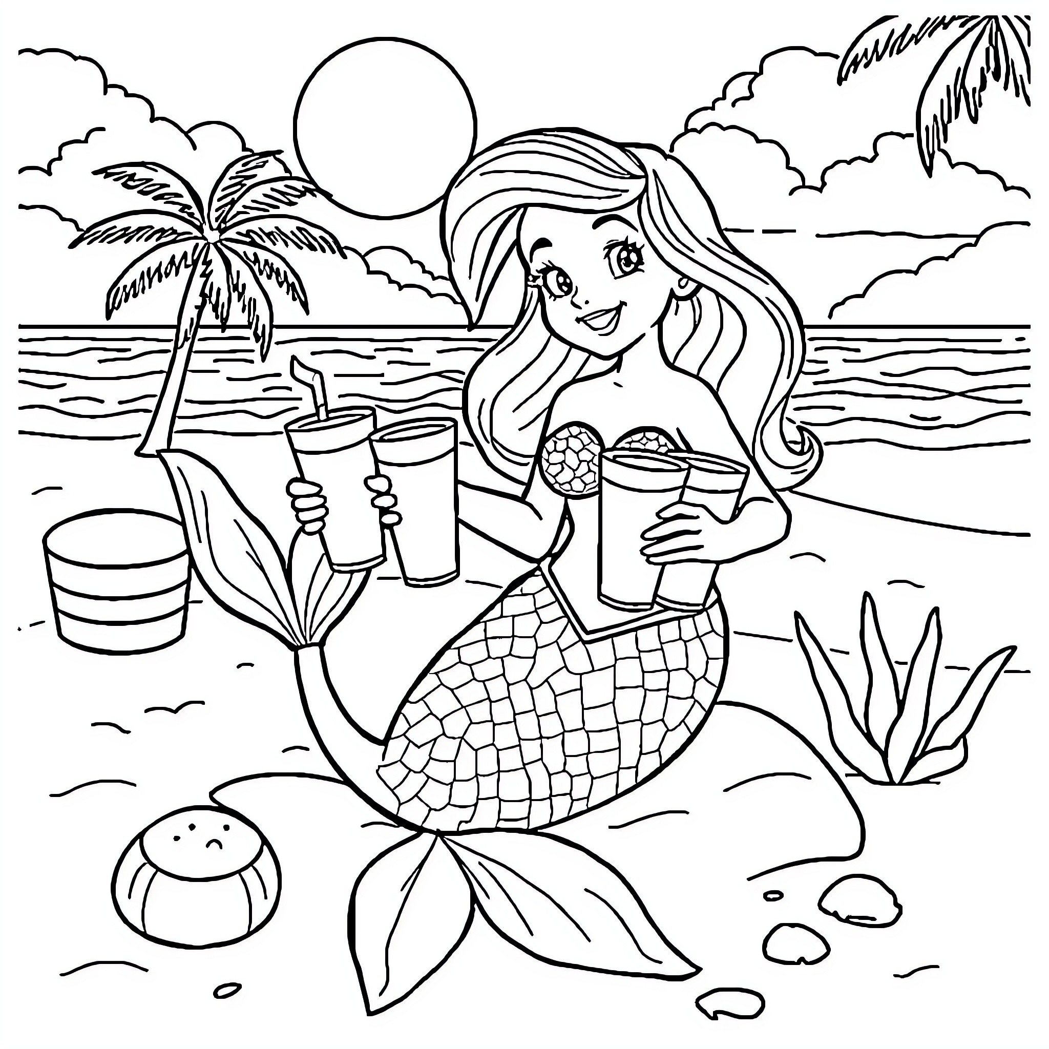 Mermaid enjoying tropical beach scene Coloring Page (free black-and-white line drawing printable PDF for all, from beginners to advanced learners, including children, teens, adults, and seniors)
