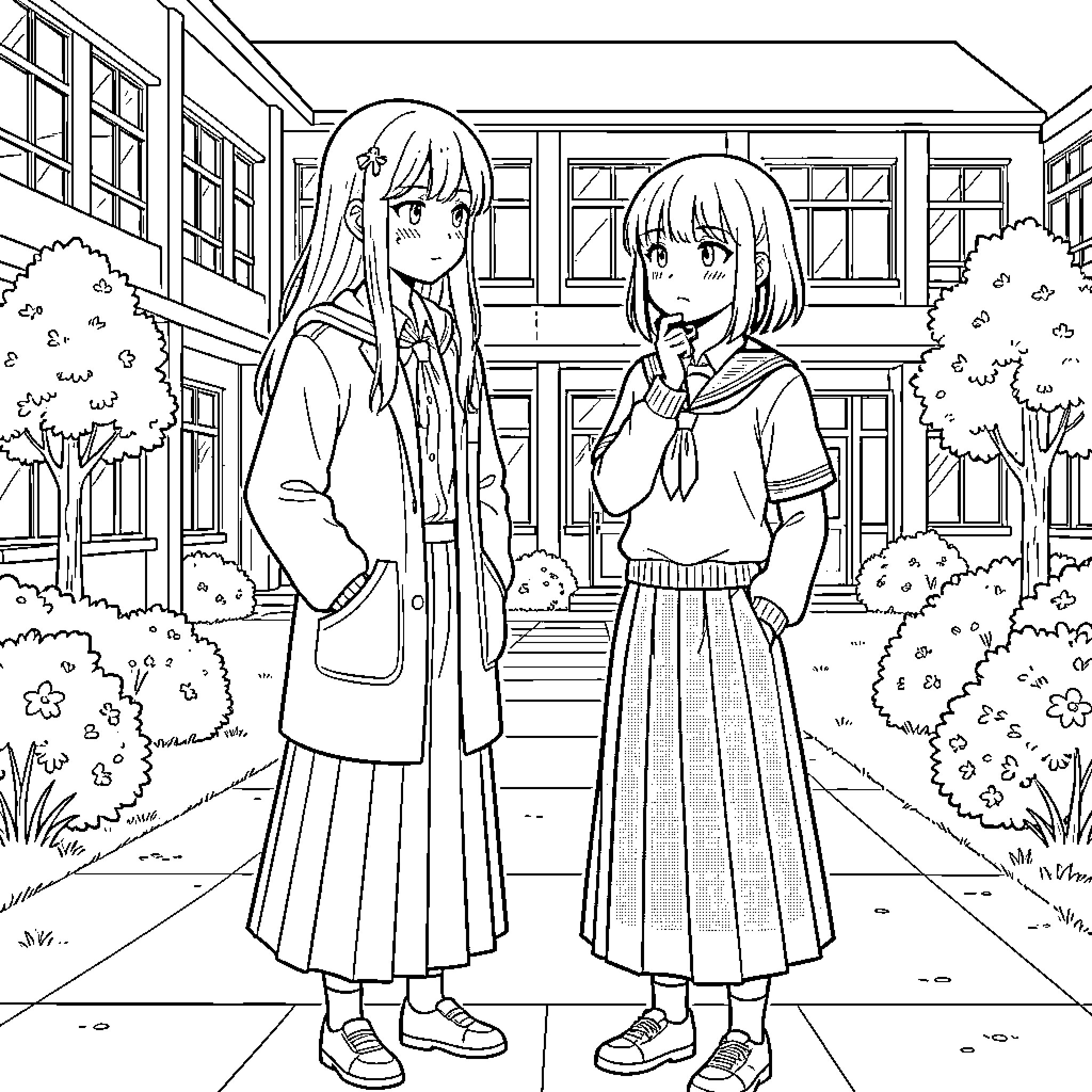 Ayanokoji students in school uniform on campus Coloring Page (free black-and-white line drawing printable PDF for all, from beginners to advanced learners, including children, teens, adults, and seniors)