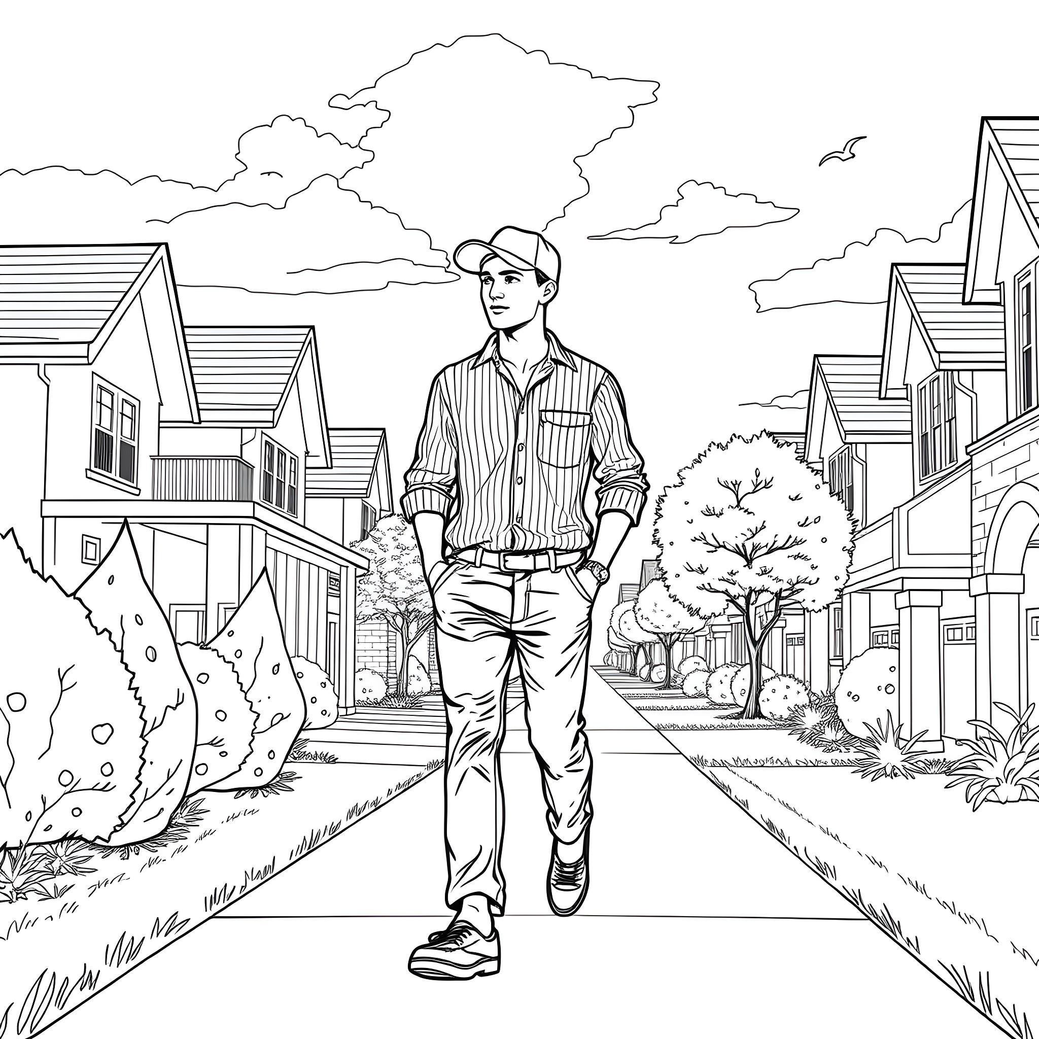 Guy walking through a quaint town Coloring Page (free black-and-white line drawing printable PDF for all, from beginners to advanced learners, including children, teens, adults, and seniors)