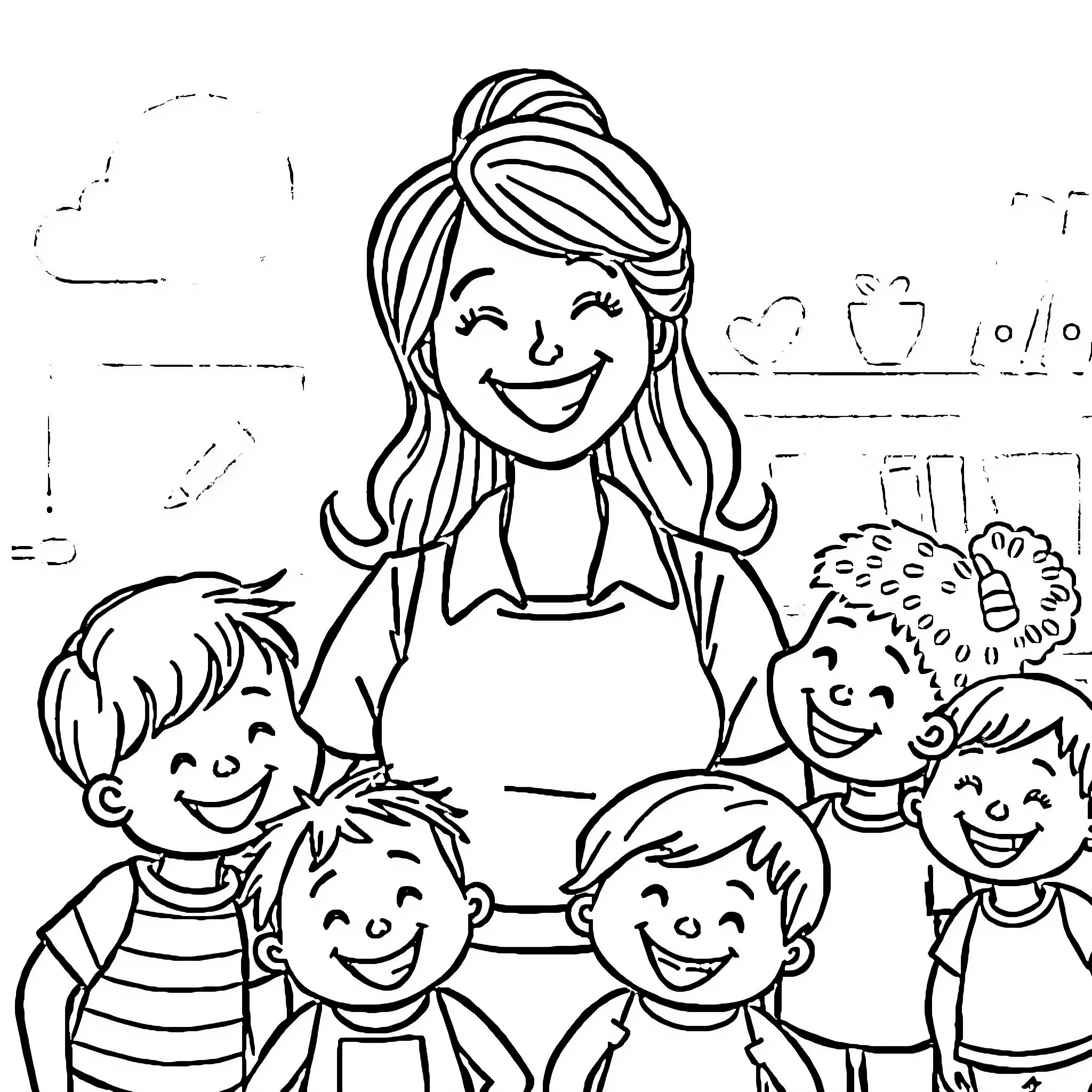 Teacher smiling with joyful students in the classroom Coloring Page (free black-and-white line drawing printable PDF for all, from beginners to advanced learners, including children, teens, adults, and seniors)
