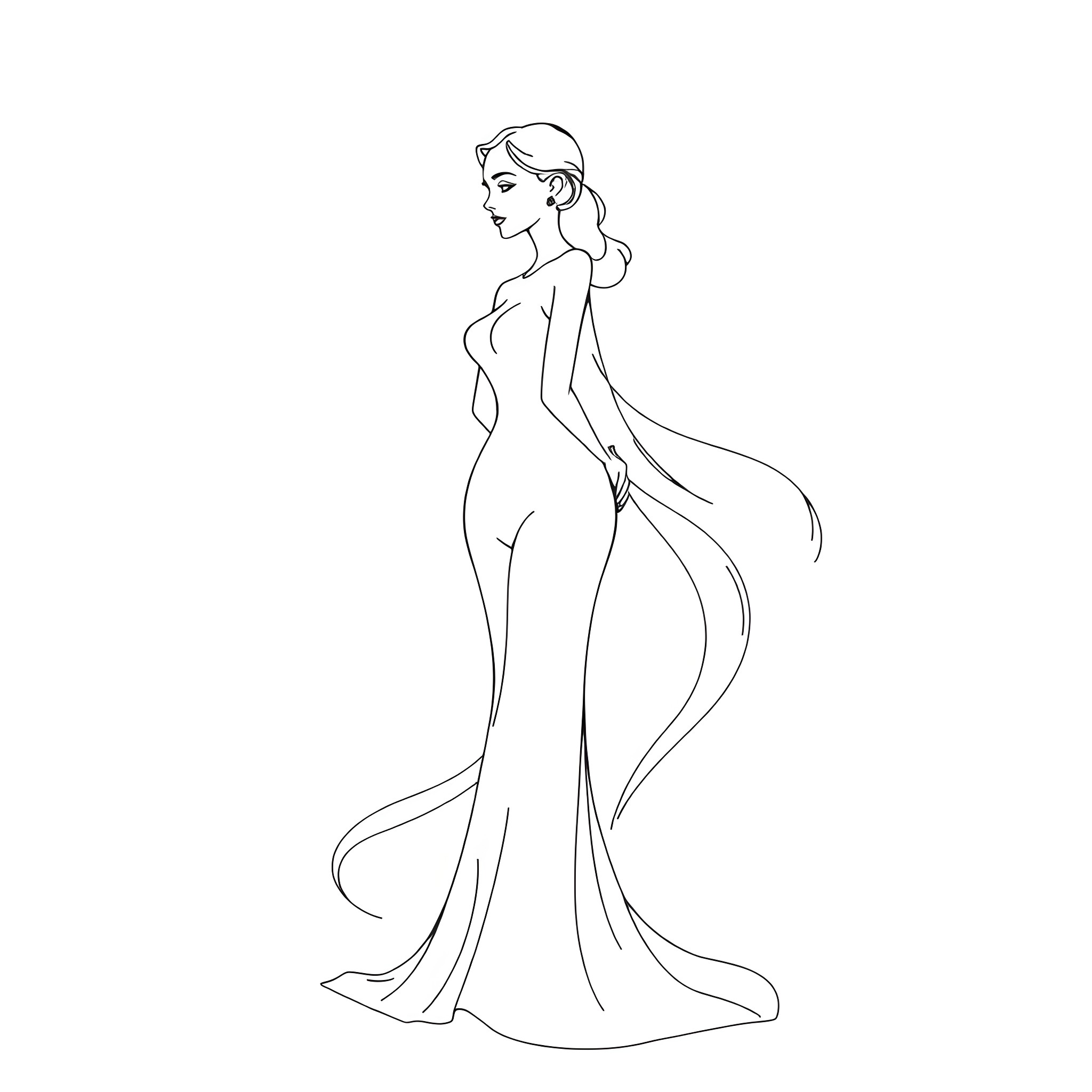 Woman in a flowing gown Coloring Page (free black-and-white line drawing printable PDF for all, from beginners to advanced learners, including children, teens, adults, and seniors)