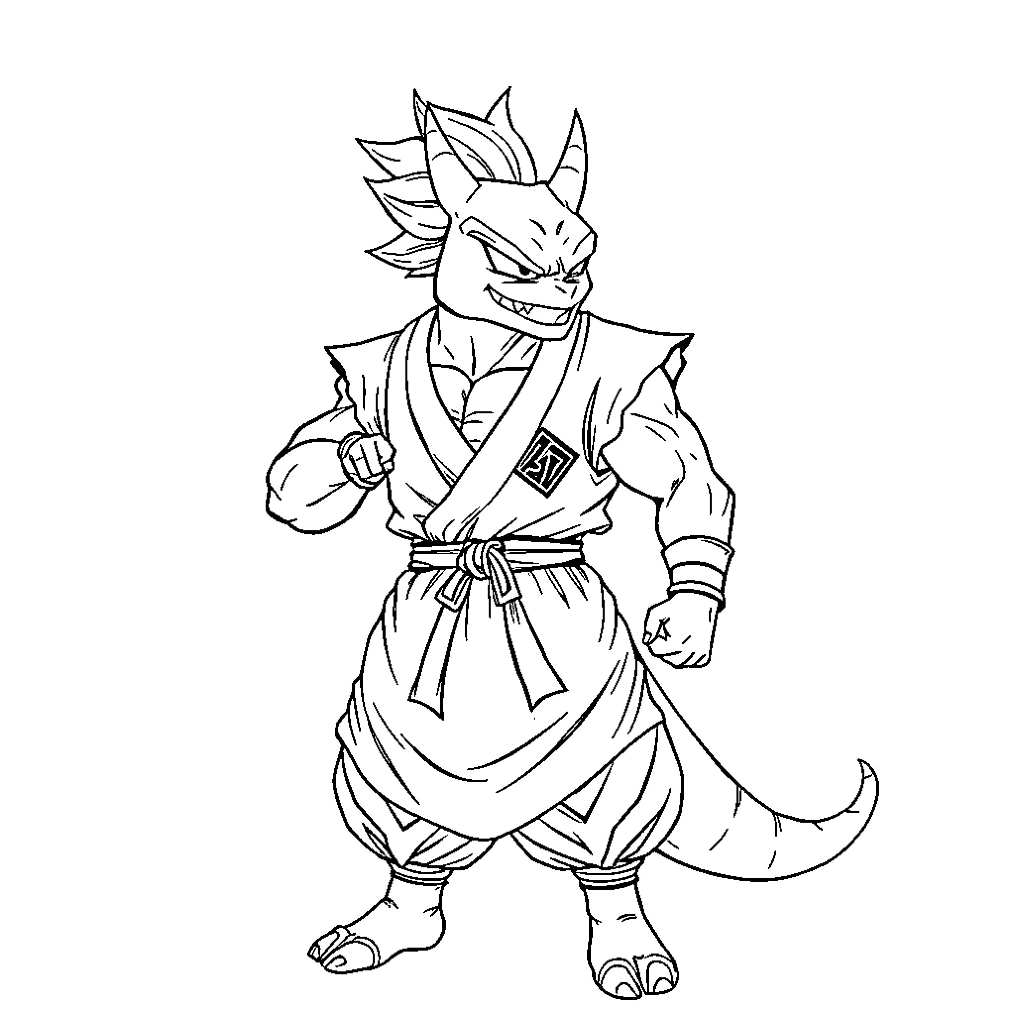 Rex, the Fierce Warrior Lizard Coloring Page (free black-and-white line drawing printable PDF for all, from beginners to advanced learners, including children, teens, adults, and seniors)