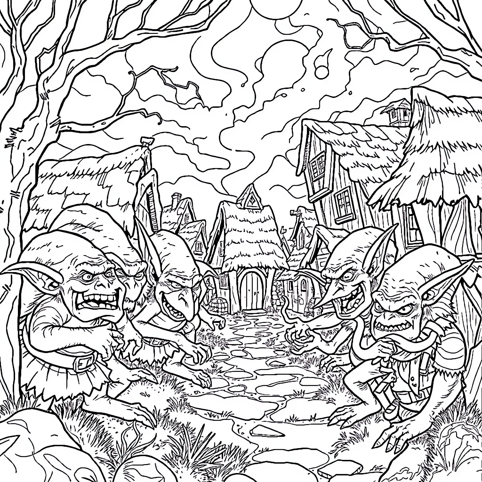 Goblin Goblins Causing Mischief in Whimsical Forest Coloring Page (free black-and-white line drawing printable PDF for all, from beginners to advanced learners, including children, teens, adults, and seniors)