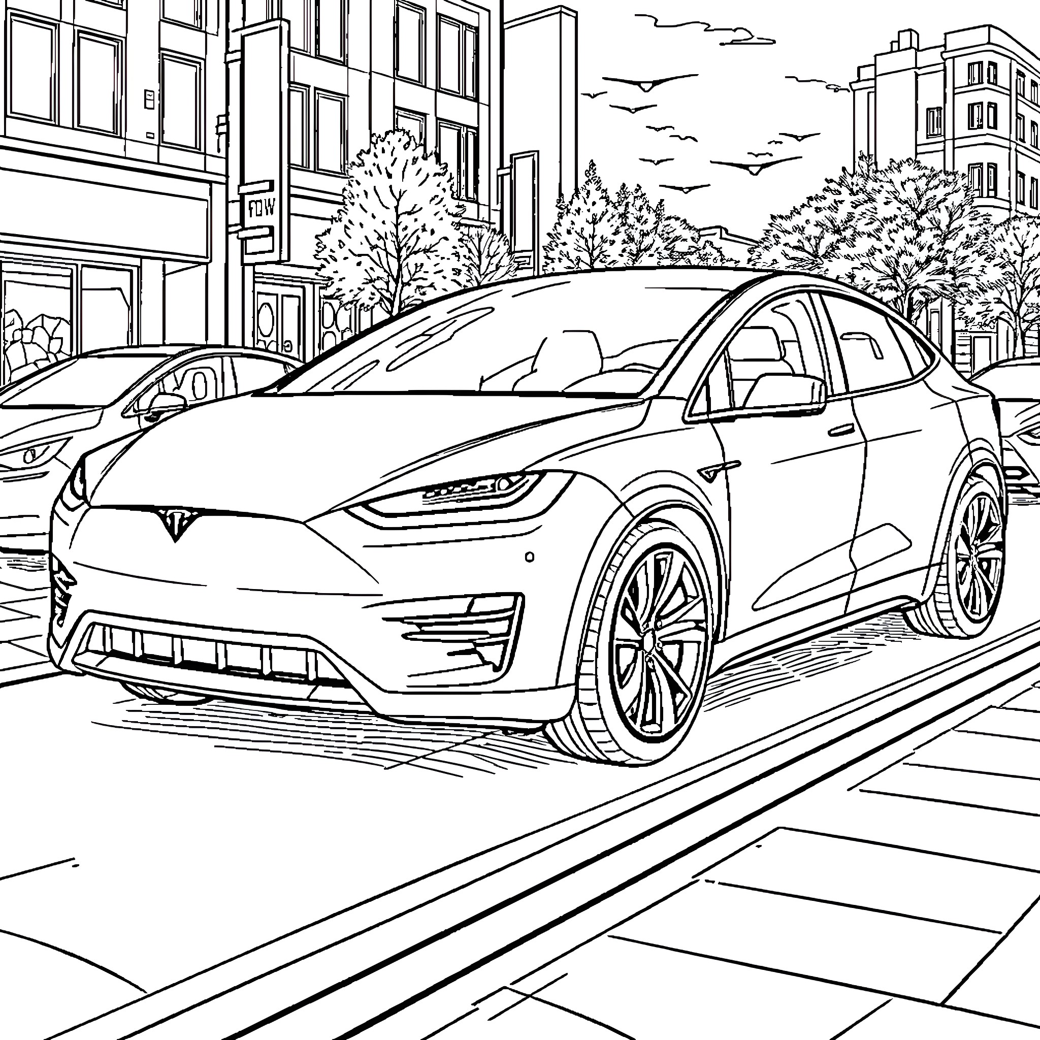 Tesla electric vehicle in urban setting Coloring Page (free black-and-white line drawing printable PDF for all, from beginners to advanced learners, including children, teens, adults, and seniors)