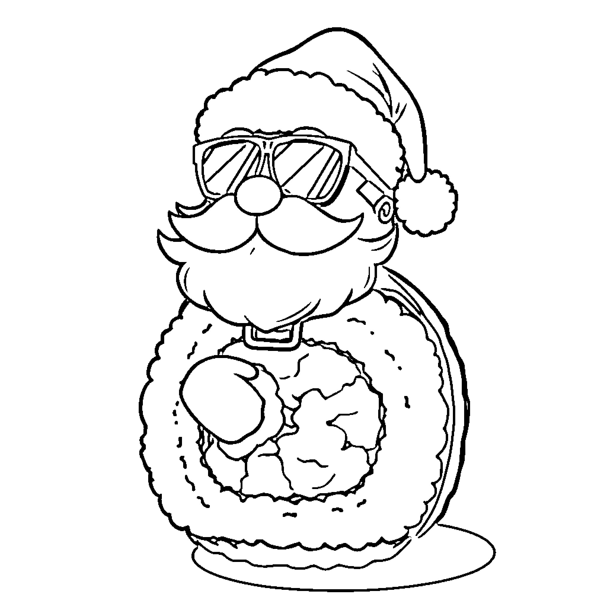 Sushi Santa with Sunglasses Enjoying the Holidays Coloring Page (free black-and-white line drawing printable PDF for all, from beginners to advanced learners, including children, teens, adults, and seniors)