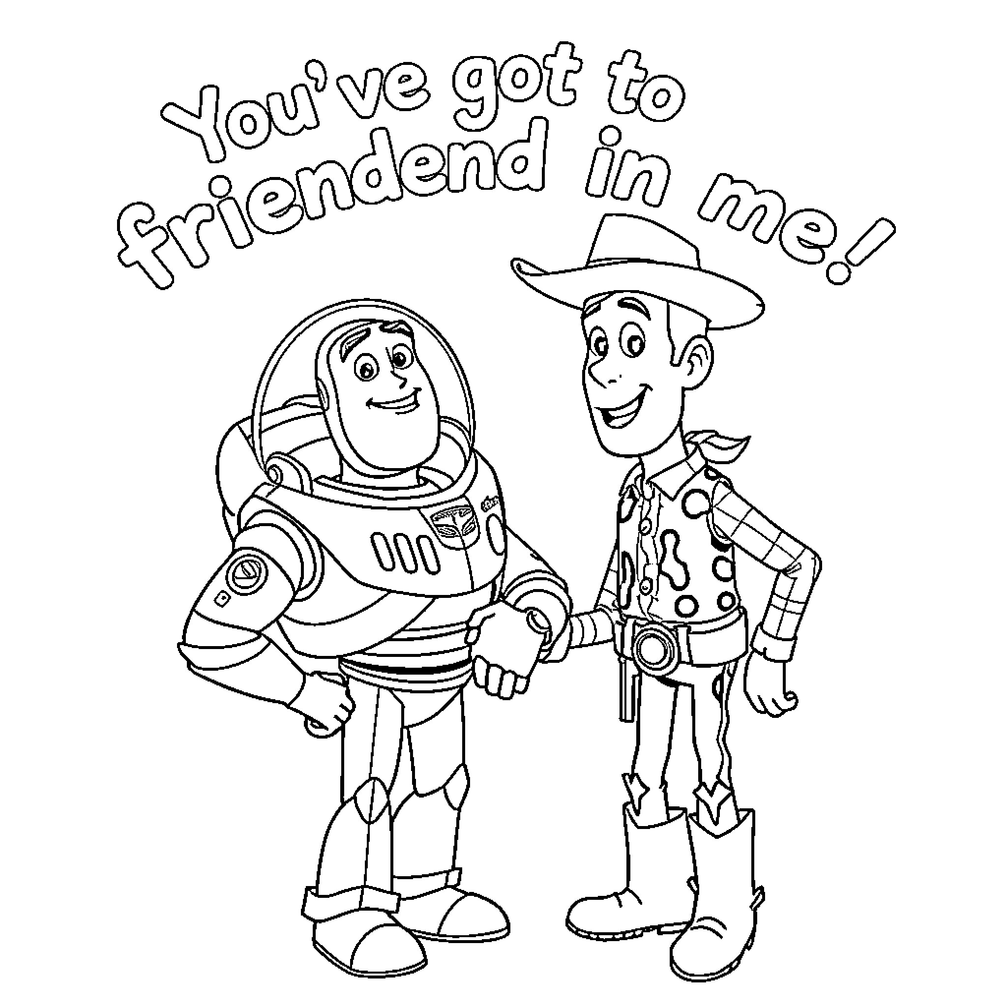 Buzz and Woody engage in friendly interaction Coloring Page (free black-and-white line drawing printable PDF for all, from beginners to advanced learners, including children, teens, adults, and seniors)