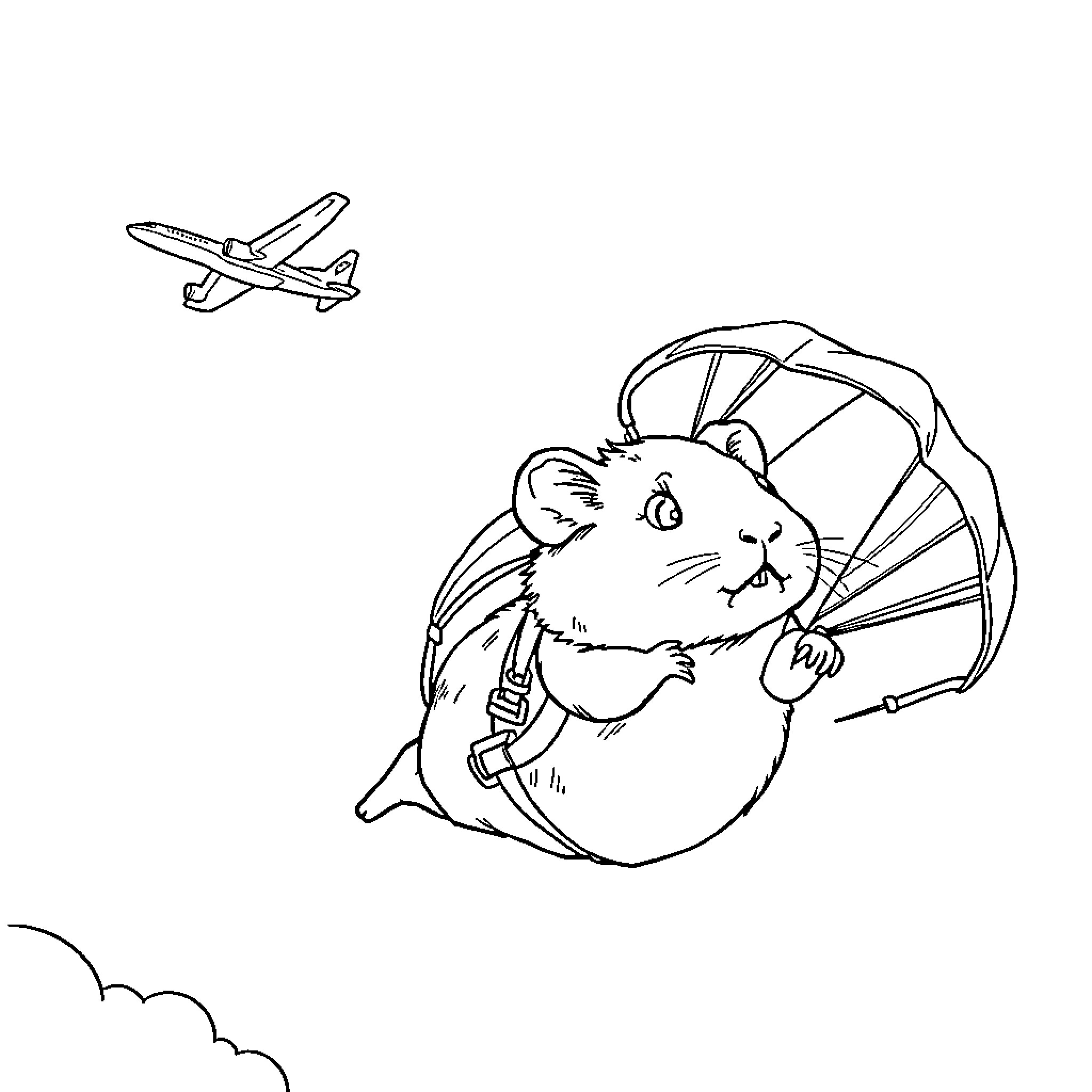 Guinea Pig exploring the skies with a parachute Coloring Page (free black-and-white line drawing printable PDF for all, from beginners to advanced learners, including children, teens, adults, and seniors)